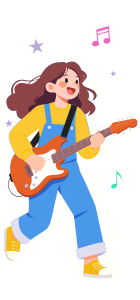 Uma garota de desenho animado toca felizmente uma guitarra elétrica laranja.