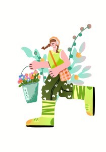 Donna stilizzata che porta fiori in un secchio, circondata dal verde.