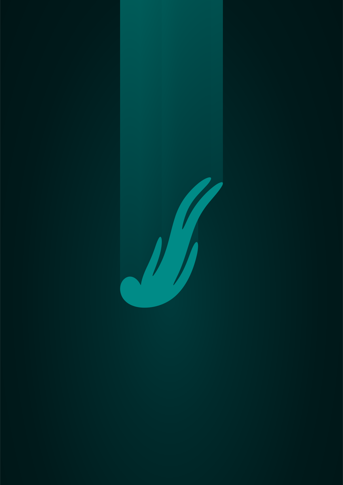 Stylized person falling into deep water with a light beam.