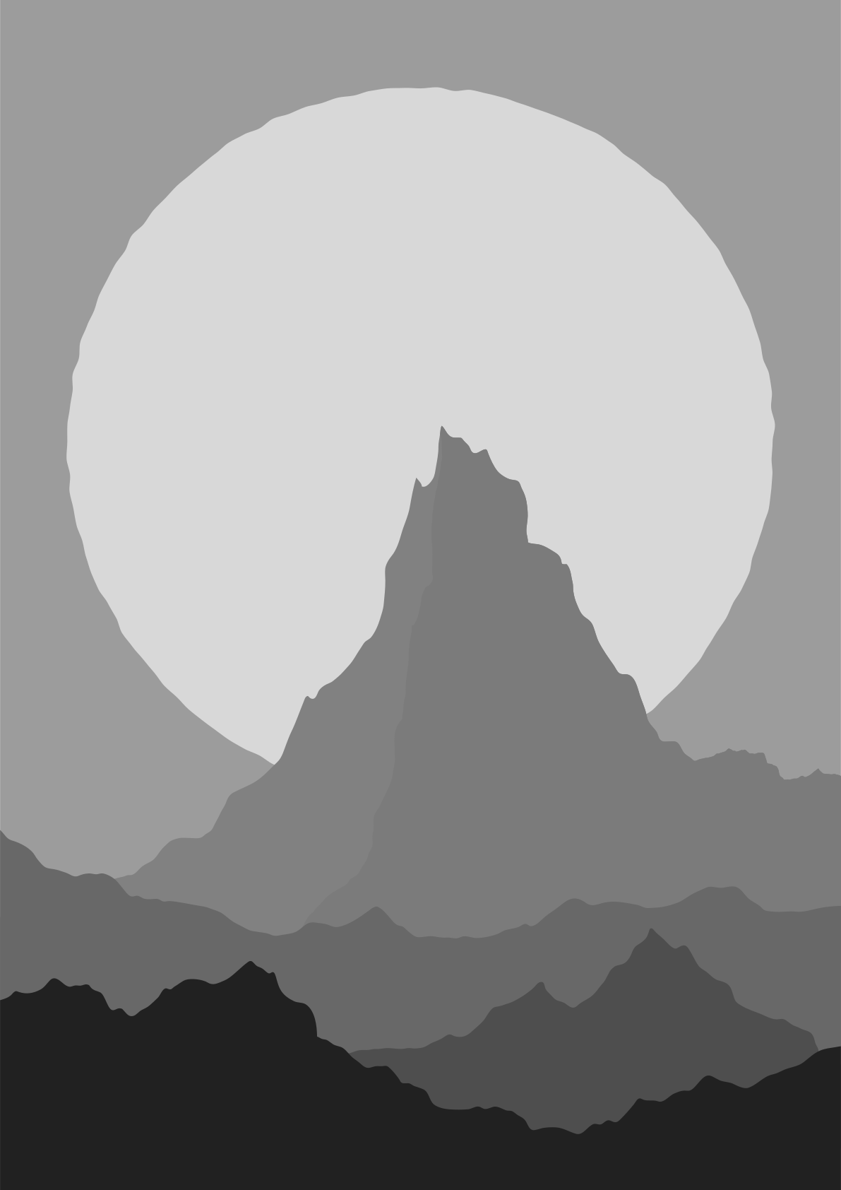 Stylized grayscale mountains under a large, bright full moon.