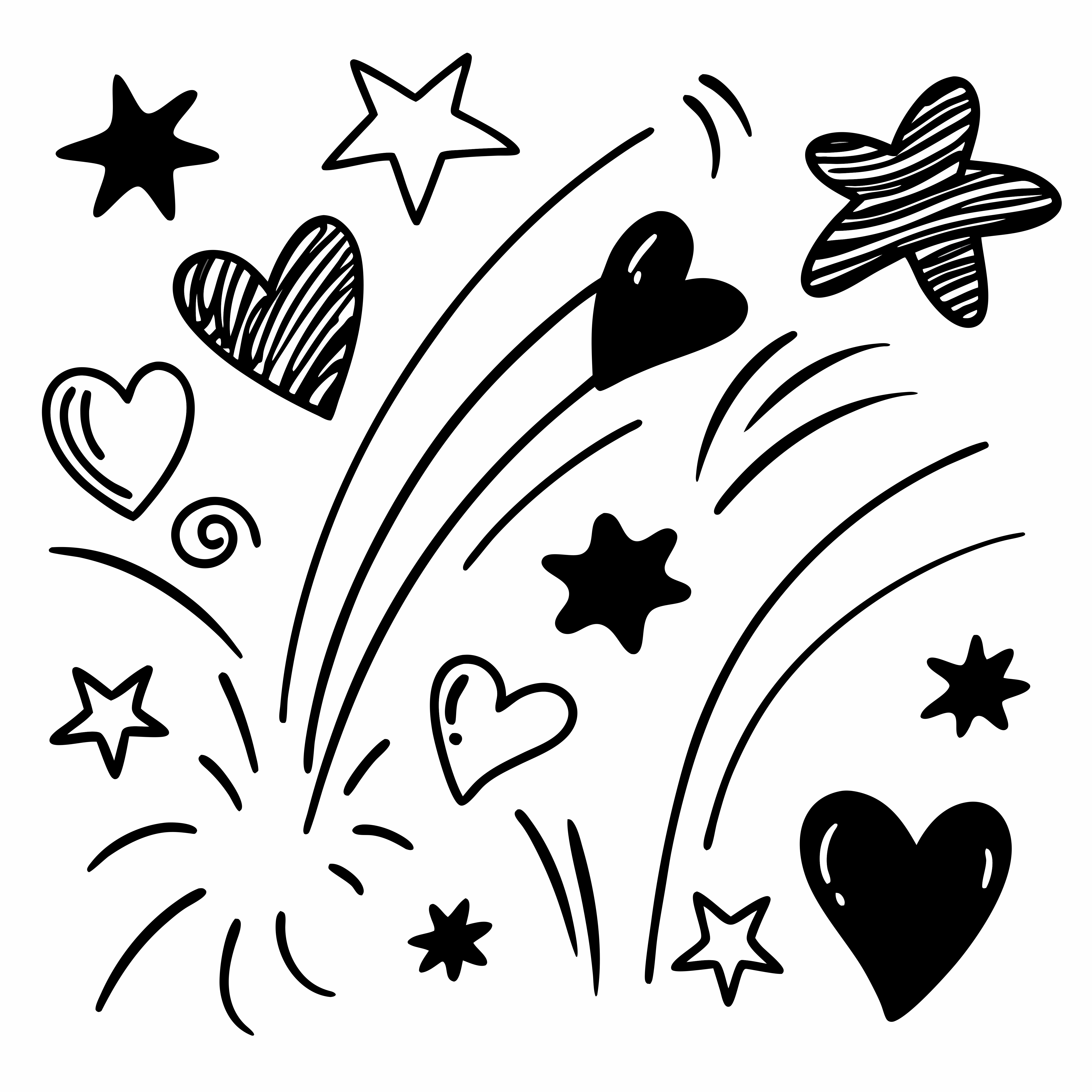 Desenhos à mão com corações e estrelas com linhas de explosão.