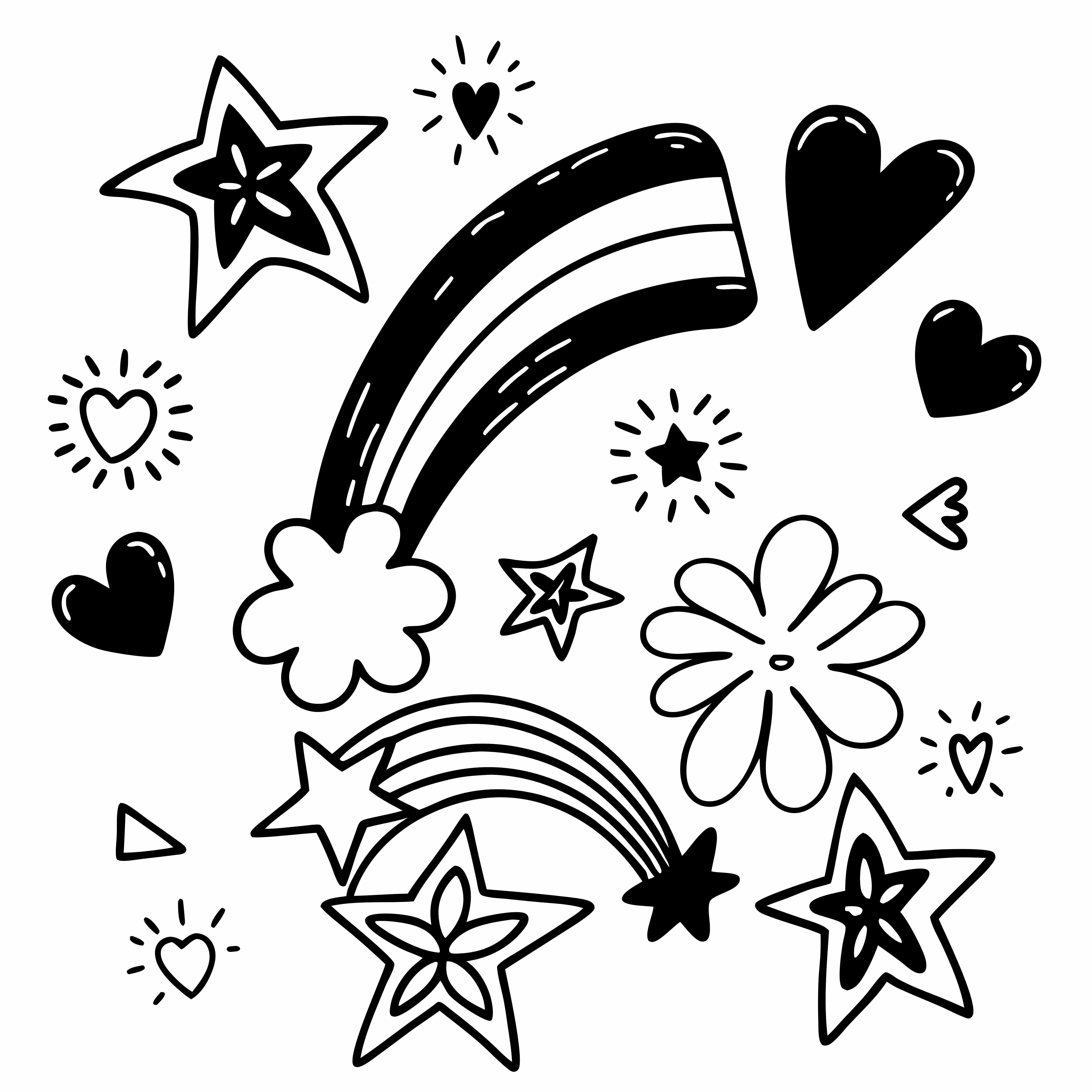 Estrelas, corações, arco-íris desenhados à mão e uma flor sobre fundo branco