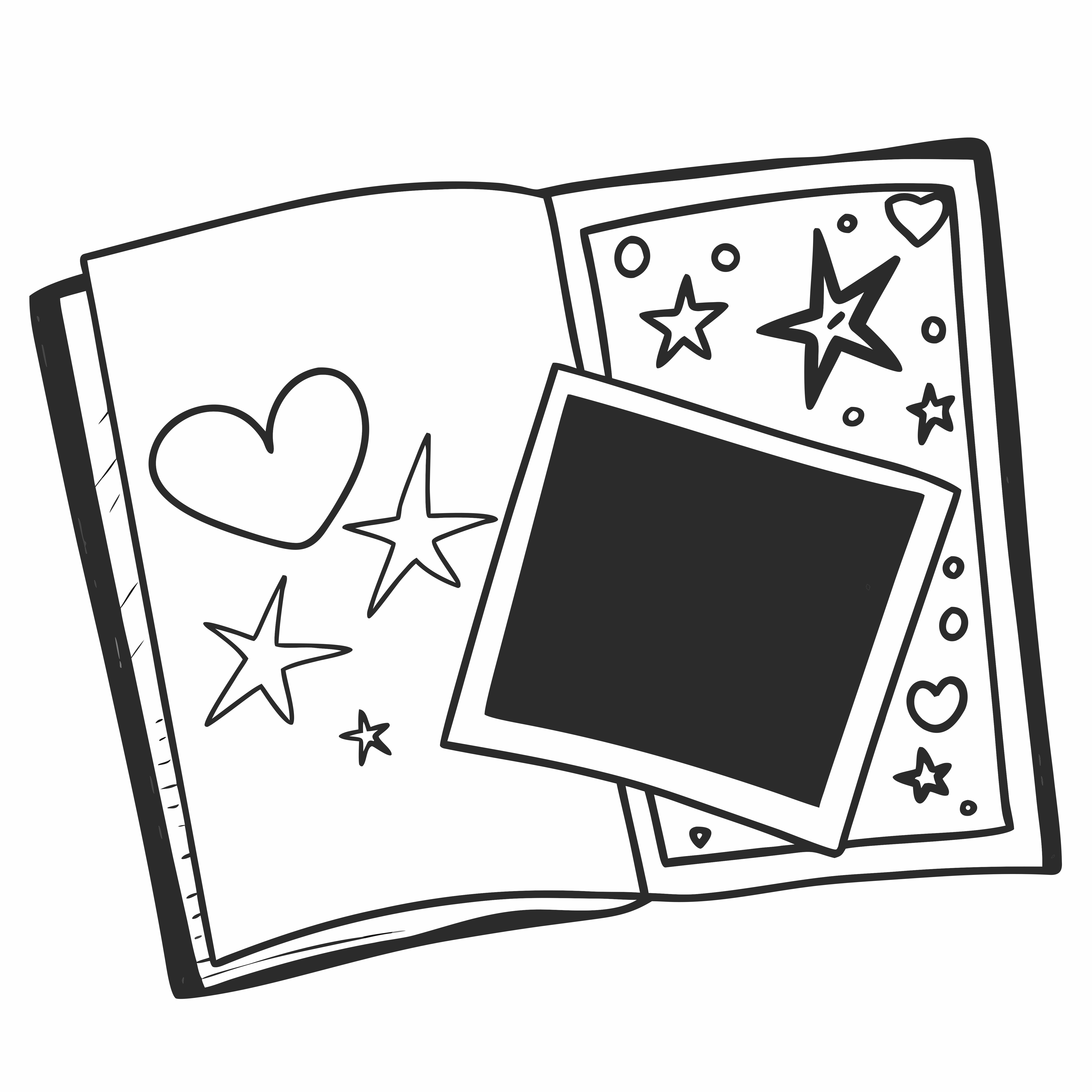 Offenes Sammelalbum mit Herz, Sternen und leerem Fotorahmen.