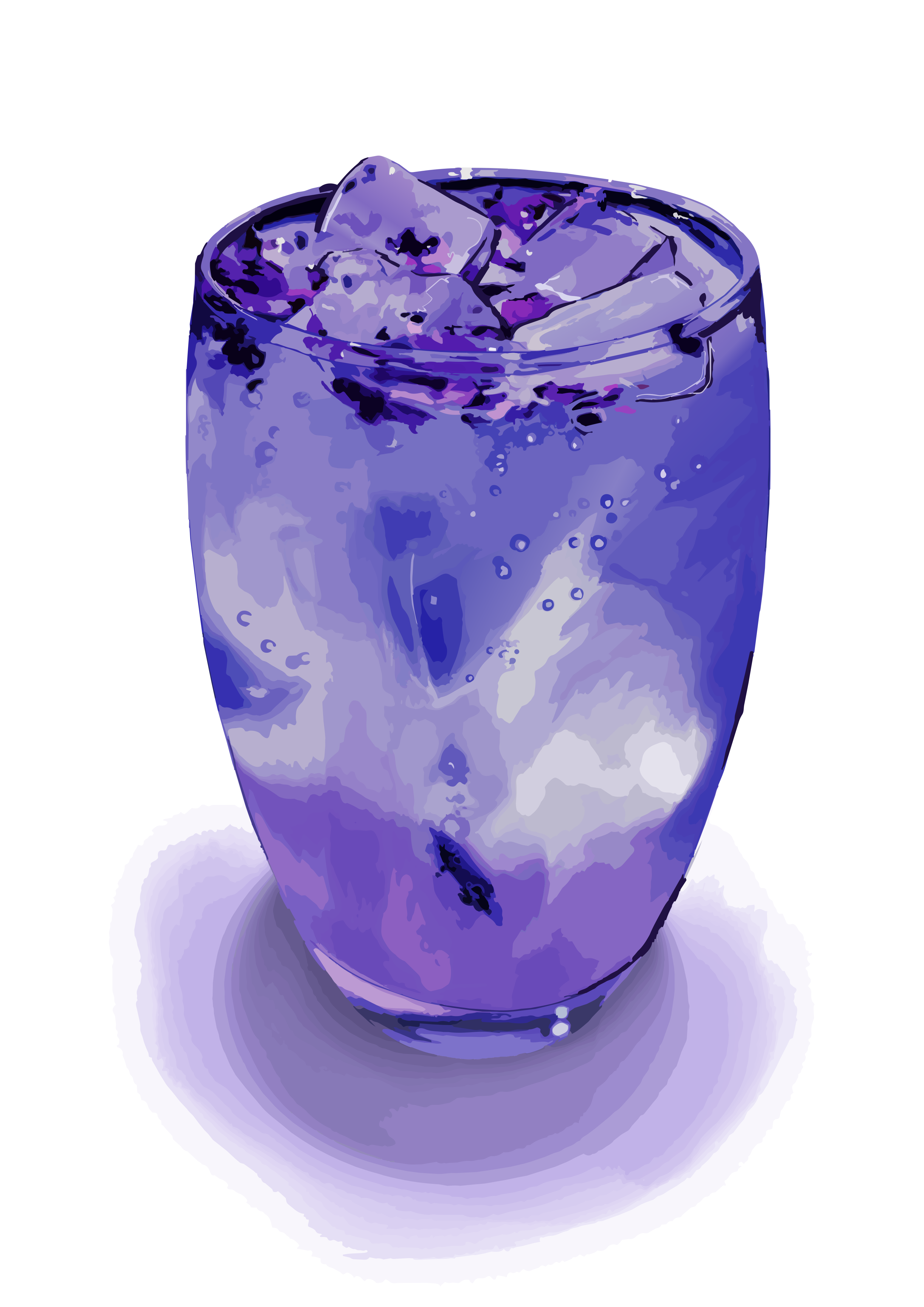 Segelas minuman ungu dengan es dan gelembung.