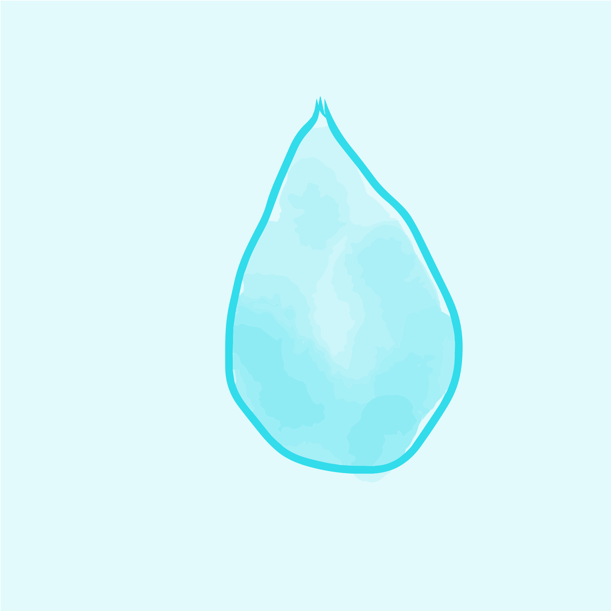 Ein einzelner blauer Wassertropfen auf hellblauem Hintergrund.