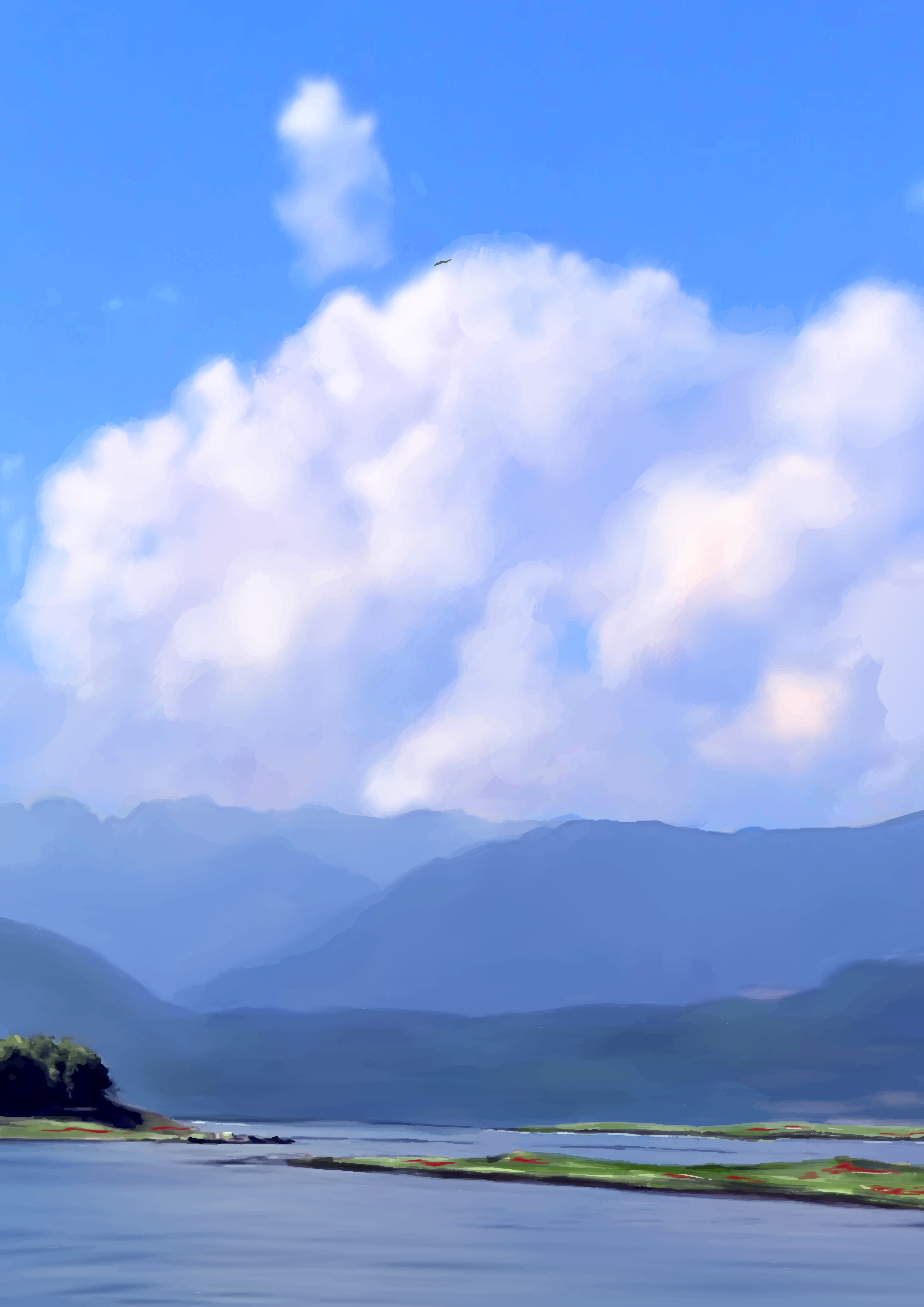 Vast blue lake, distant mountains, and a large white cloud.
