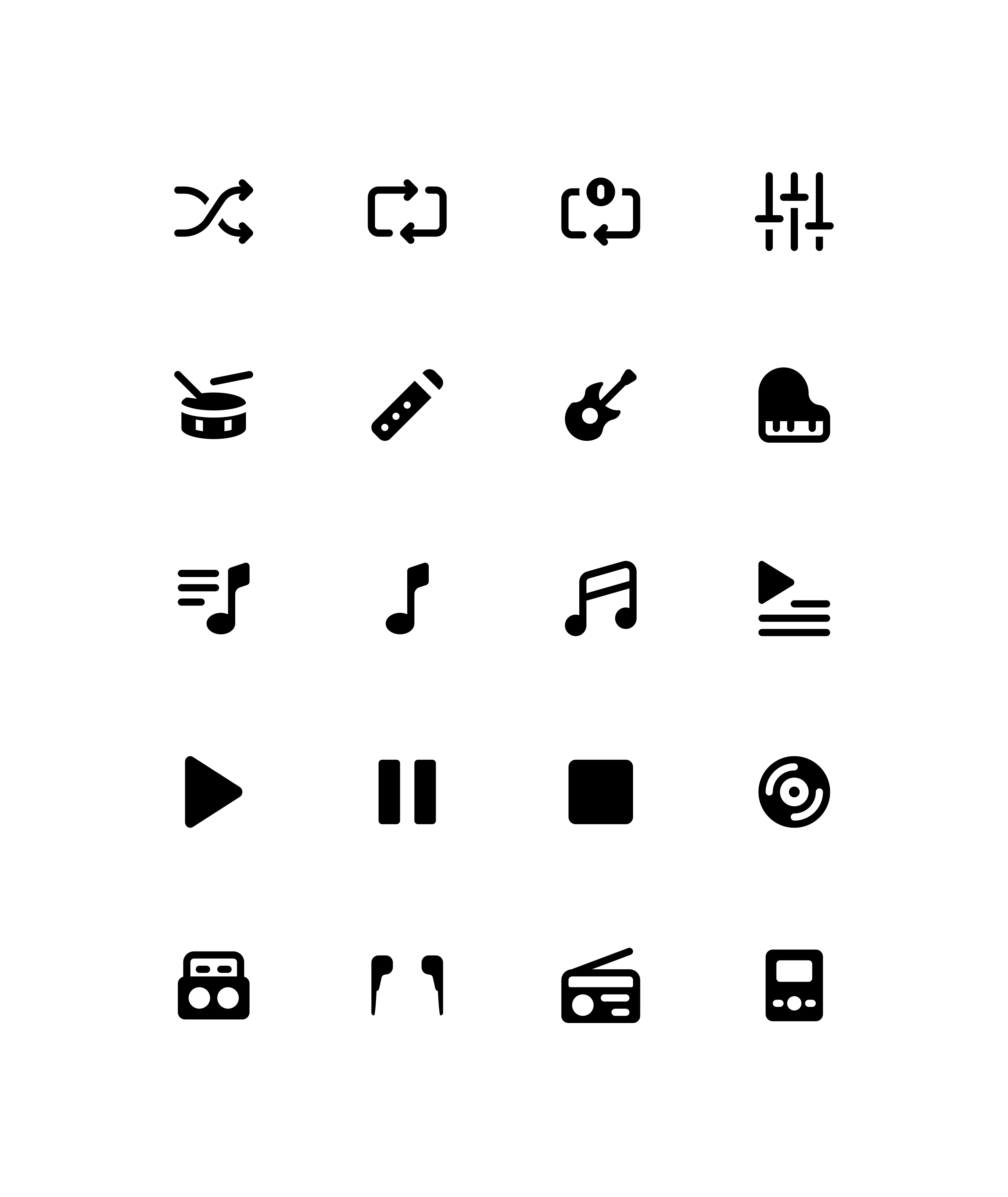 Ein Raster aus schwarzer Musik und Medienplayer-Icons.