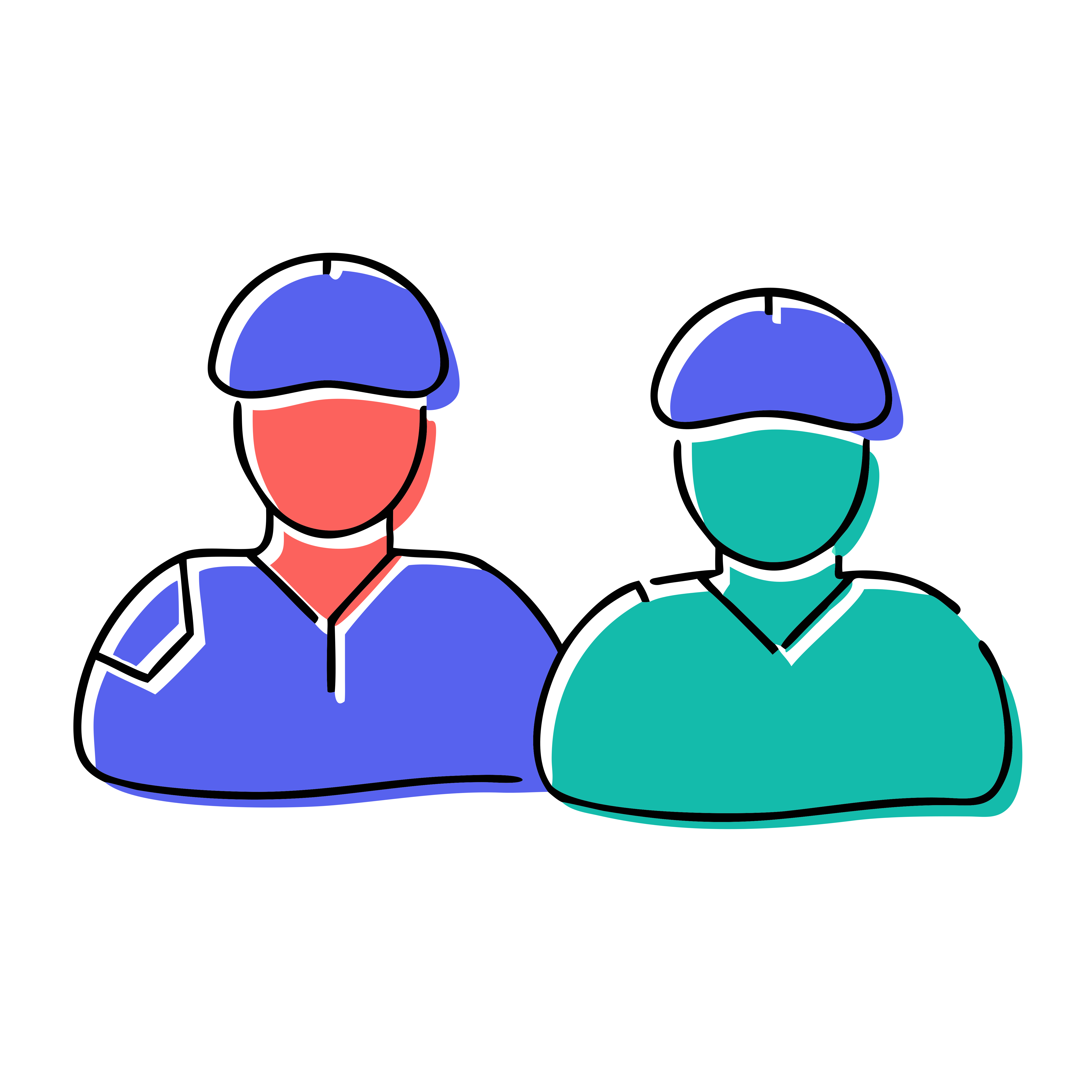 Deux figures stylisées portant des chapeaux et des chemises colorées.