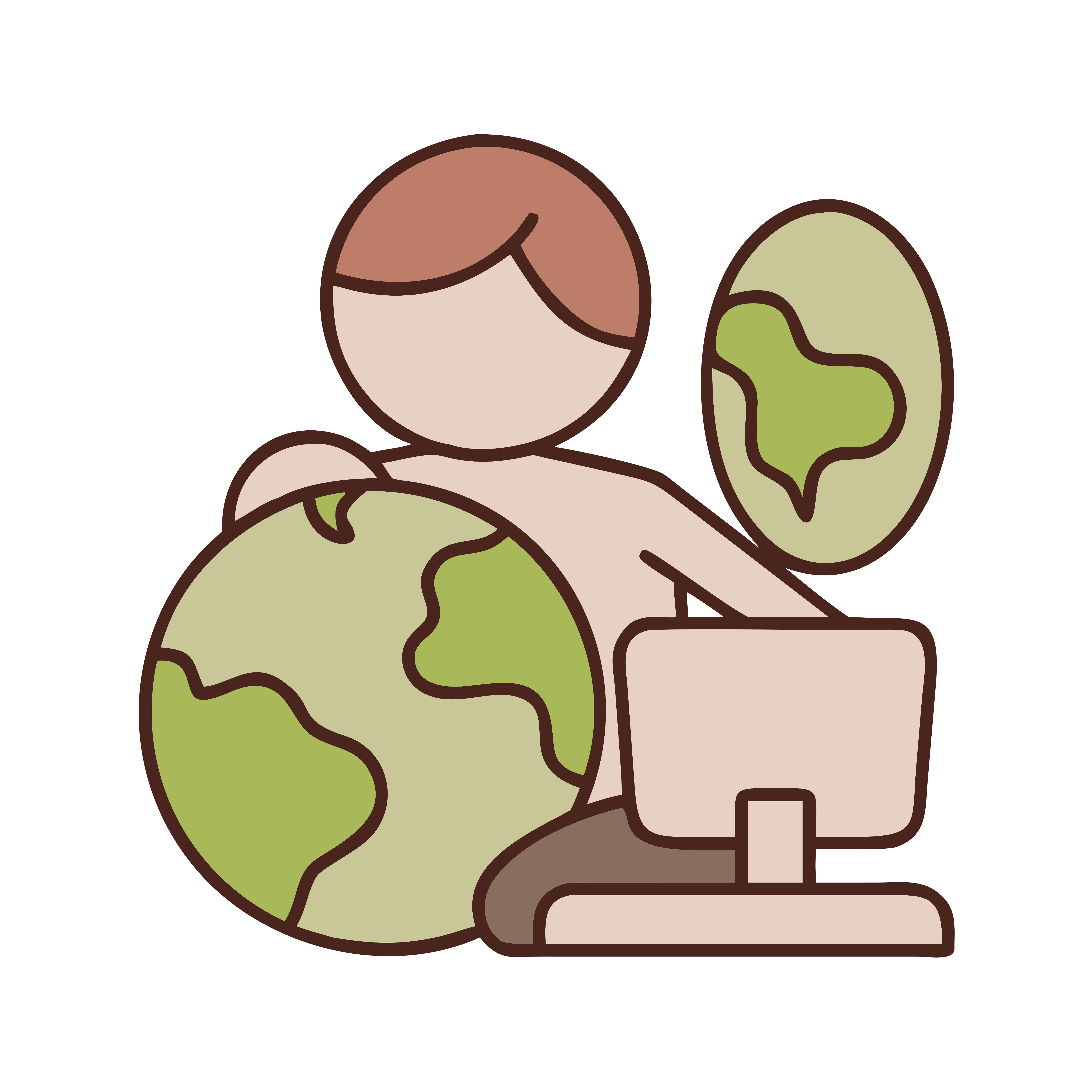 Stylized person working on computer with globes.