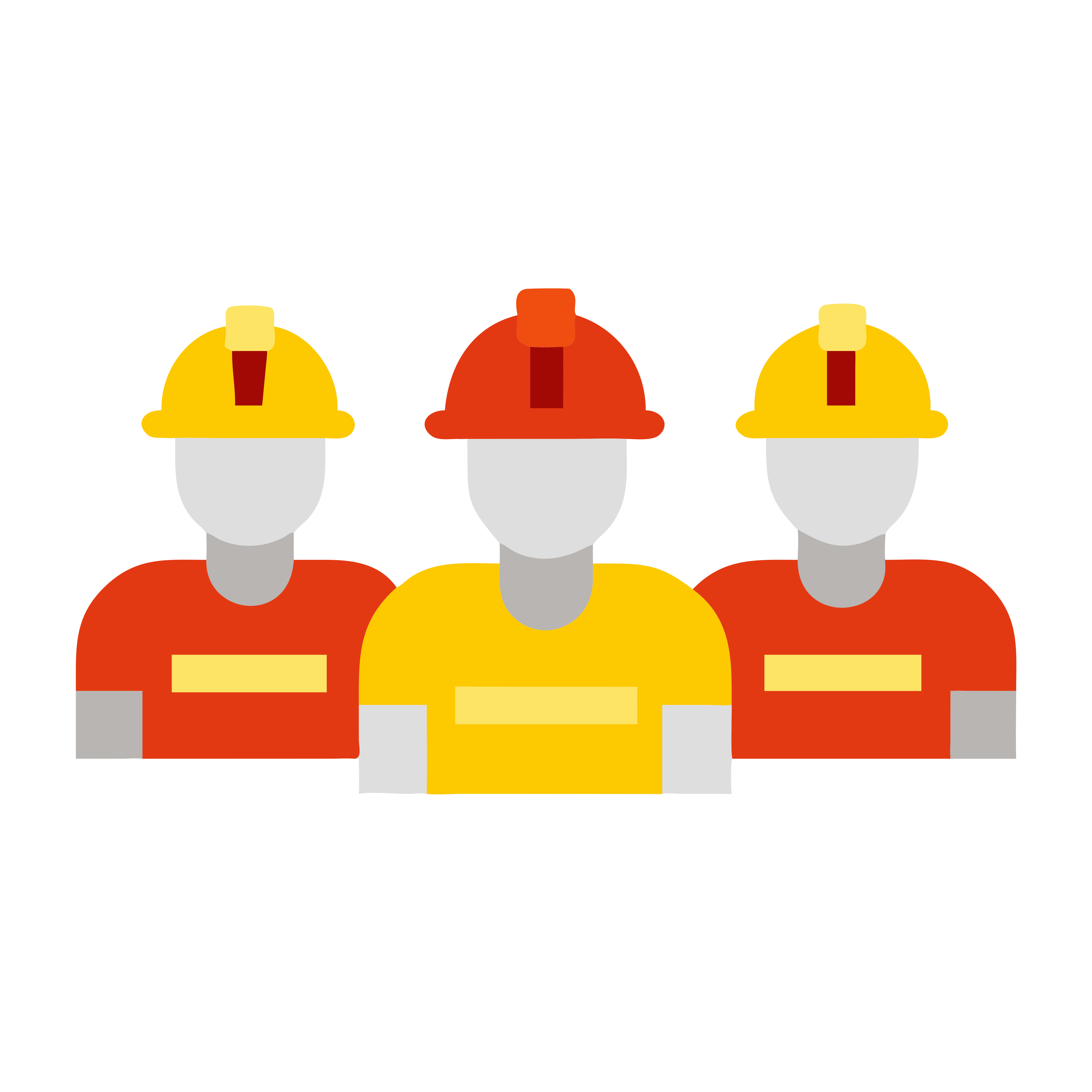Tres trabajadores estilizados con cascos y uniformes.