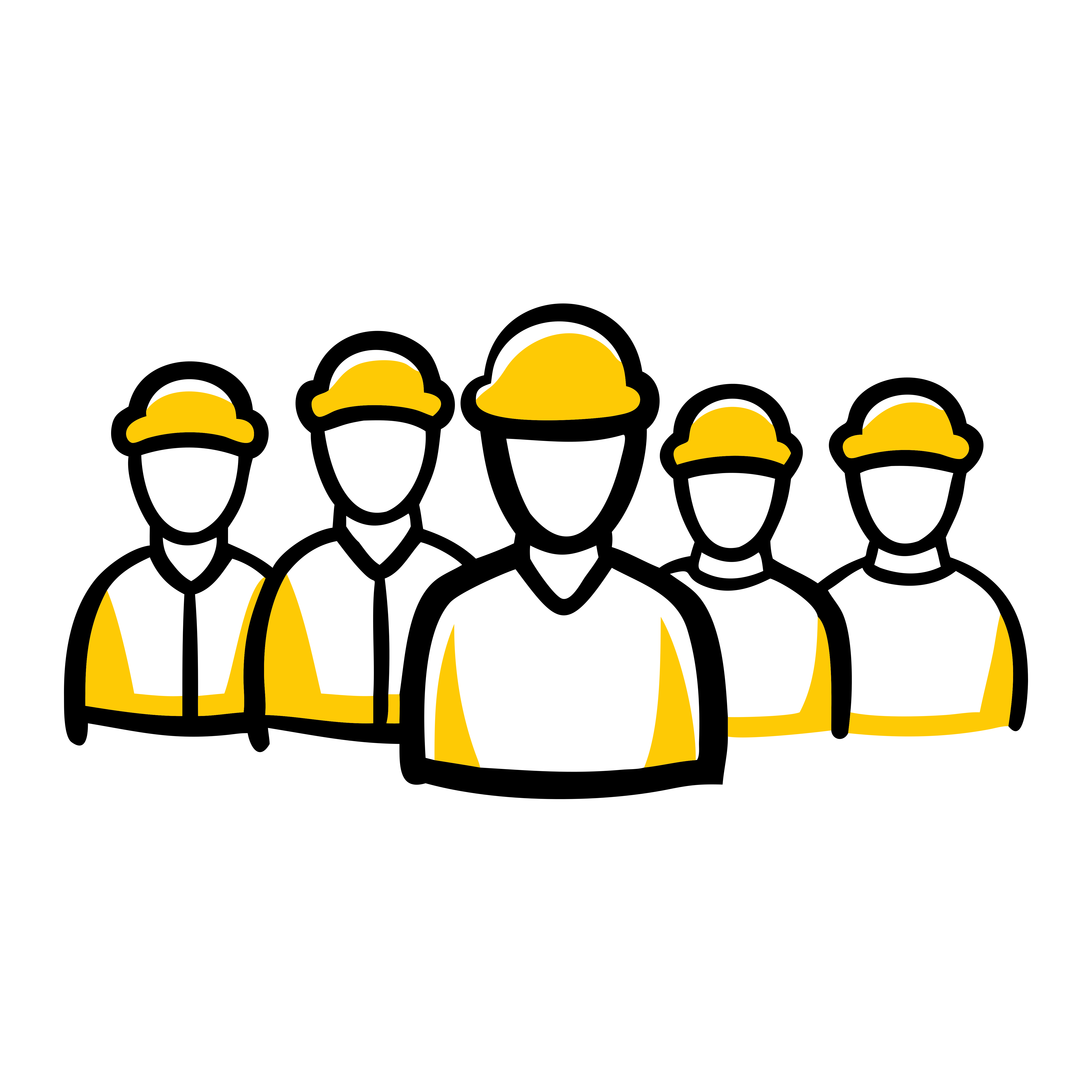Five outline figures wearing yellow hard hats.