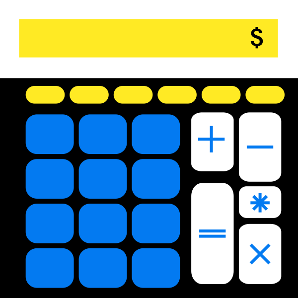 Antarmuka kalkulator digital dengan tombol biru dan layar kuning.
