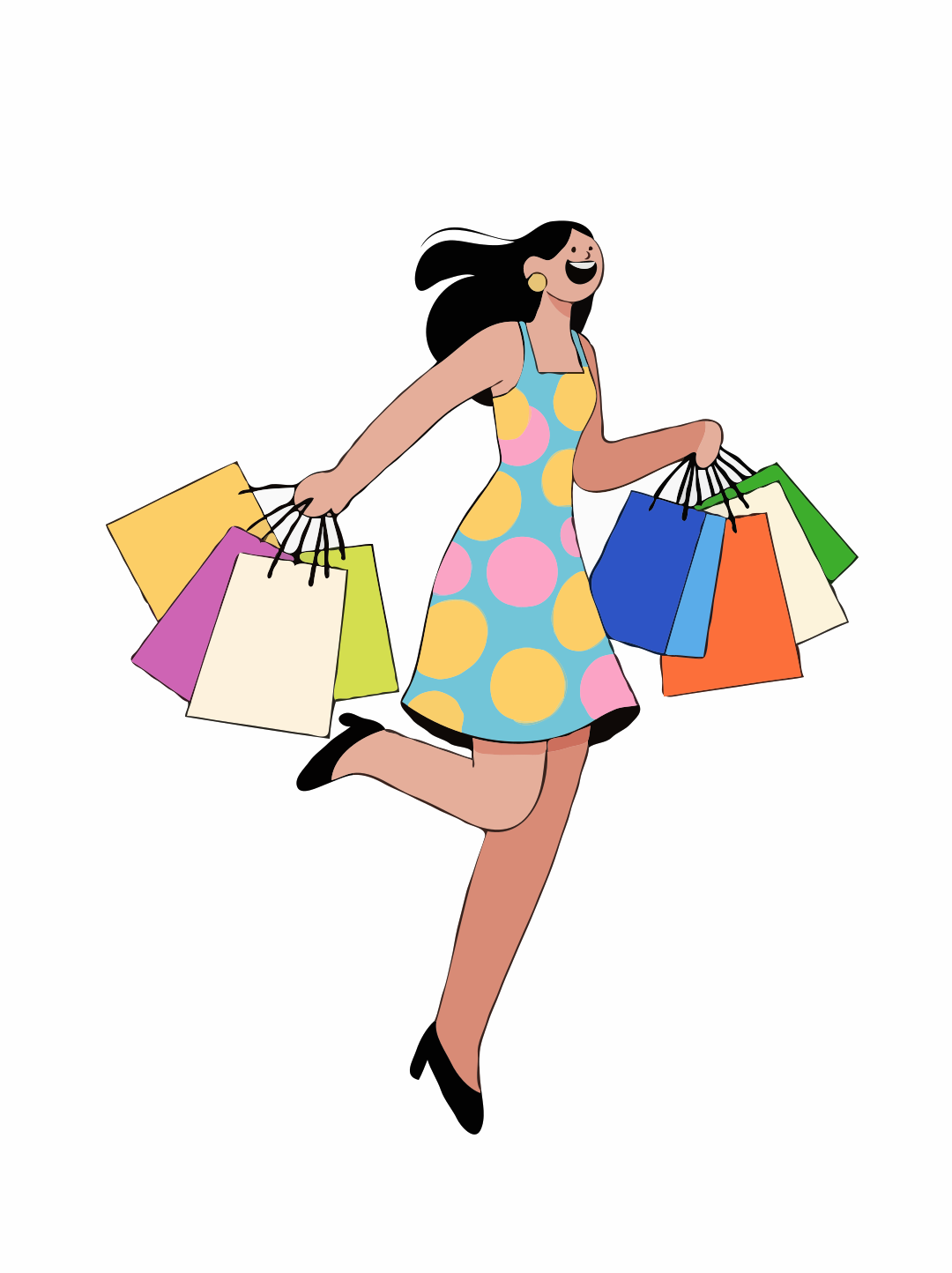 Femme heureuse en robe à pois tenant des sacs de courses colorés.