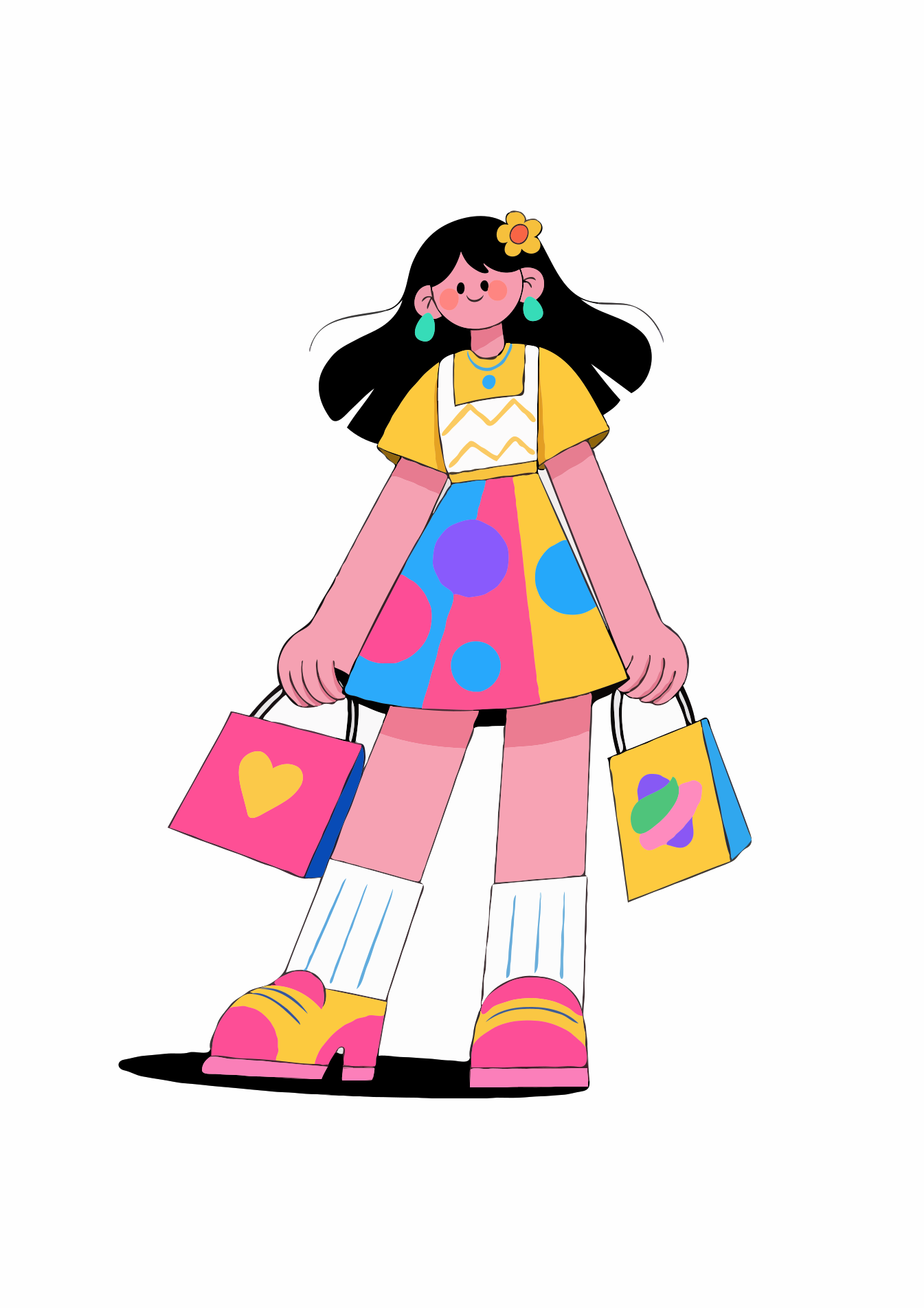 Una ragazza dei cartoni animati in un vestito colorato che tiene borse della spesa.