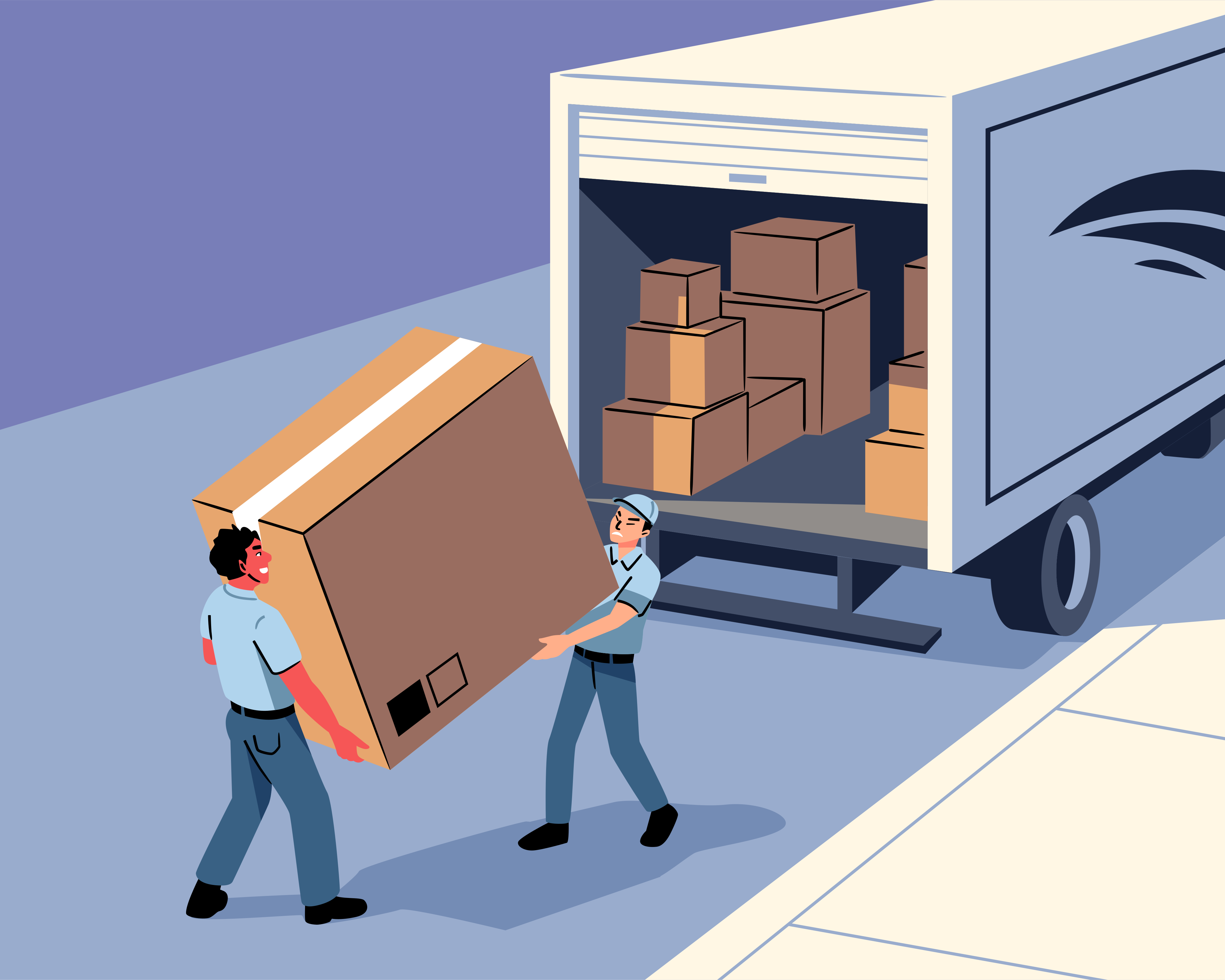 Deux hommes portent une grande boîte vers un camion de déménagement.