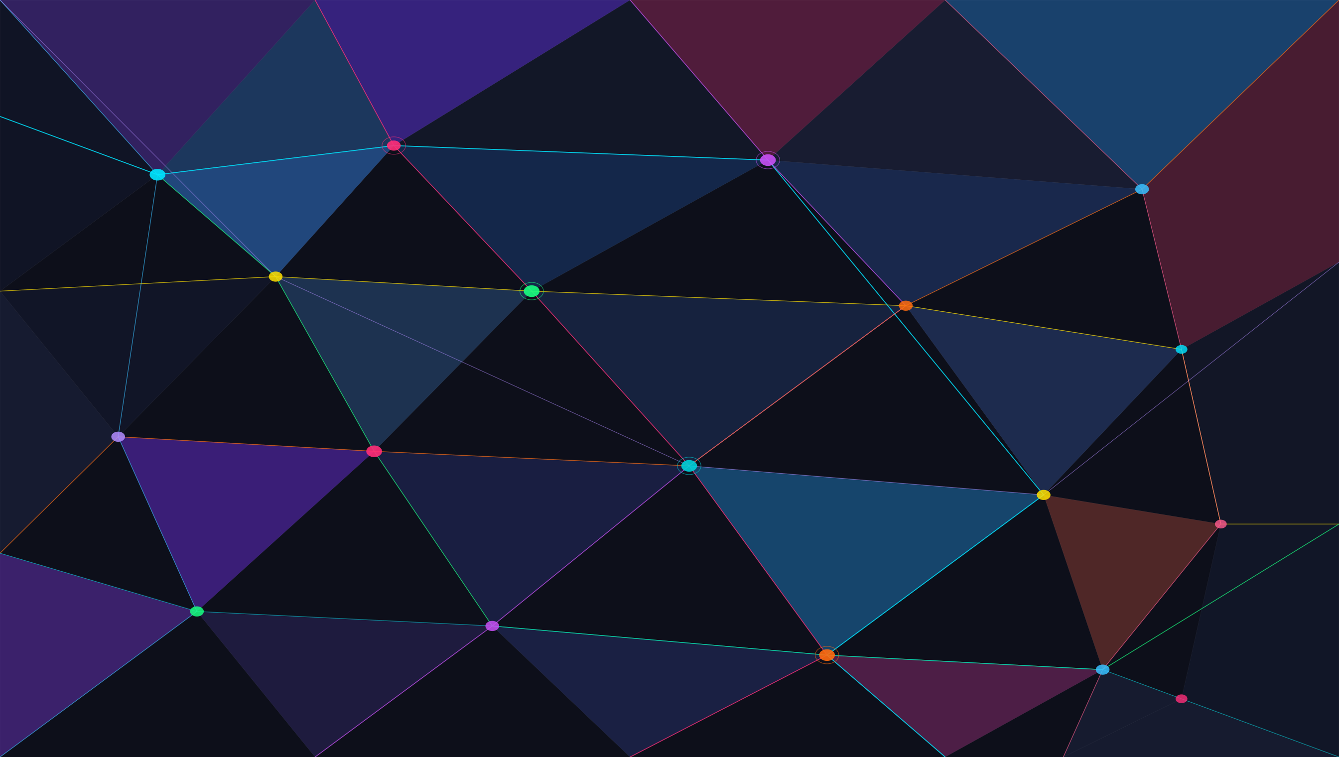 Fond abstrait sombre avec des triangles géométriques colorés et des points connectés.