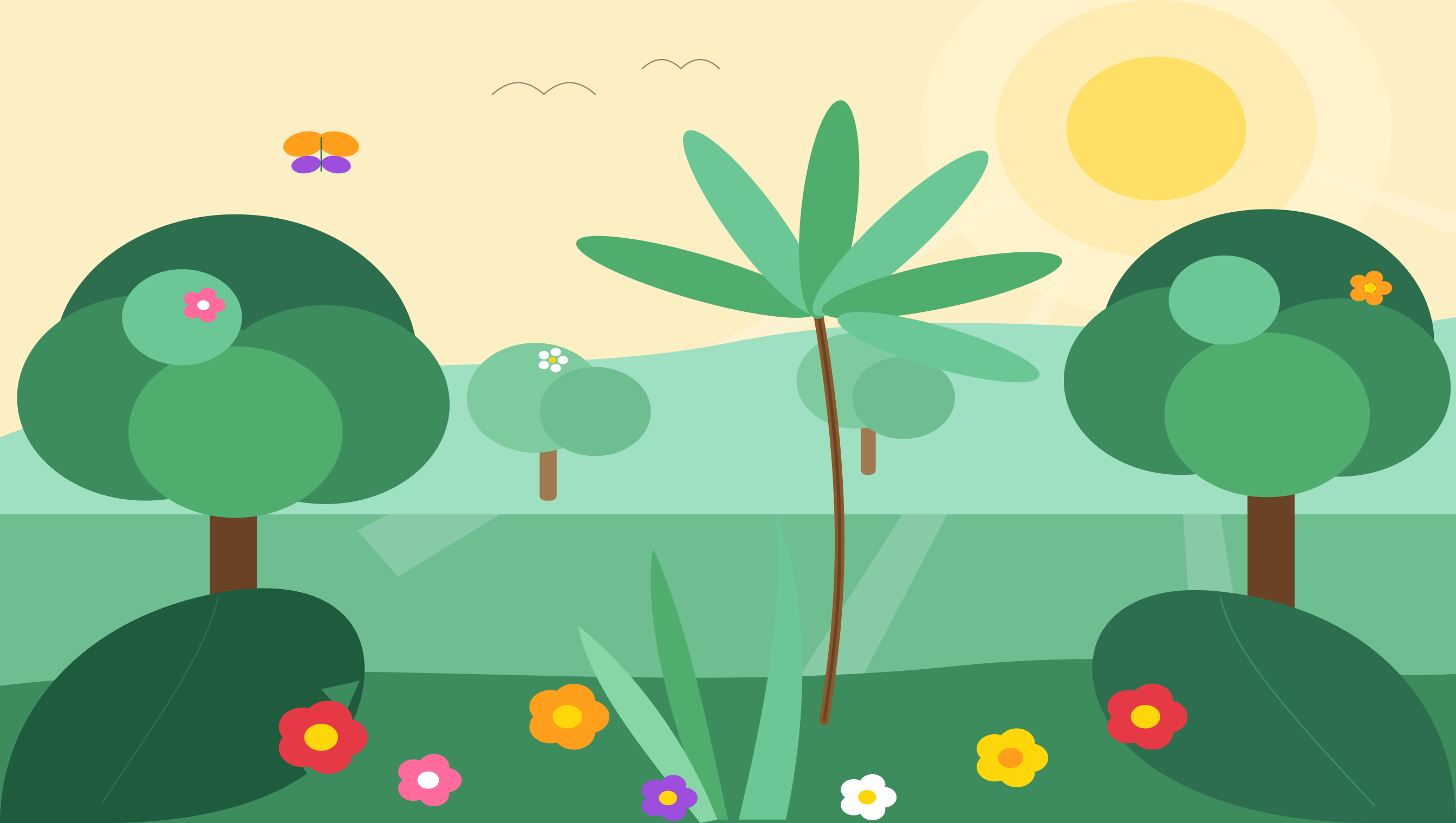 Un paisaje estilizado con árboles, flores, sol y una mariposa