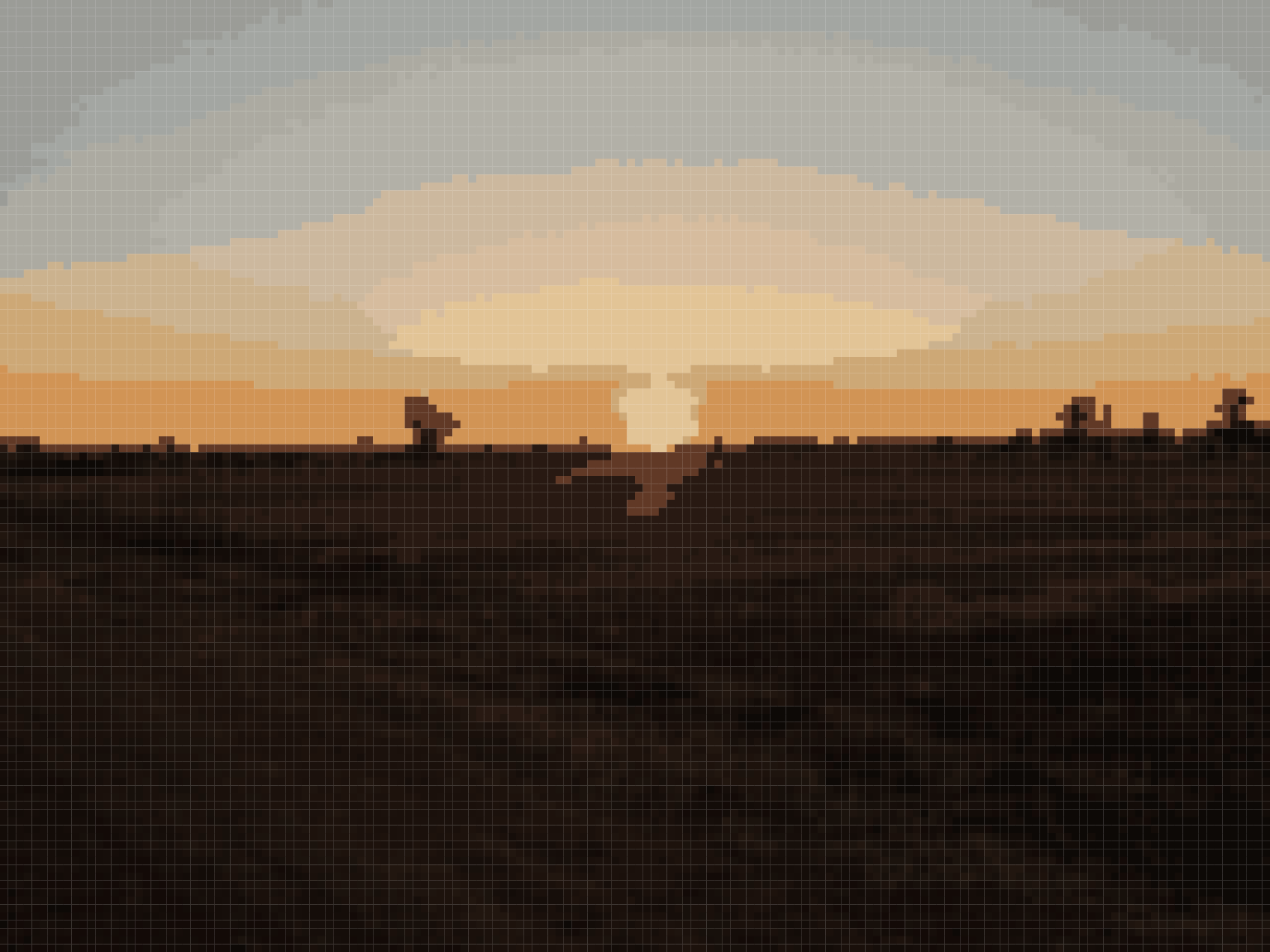 Pôr do sol pixelado sobre uma paisagem escura e árida.