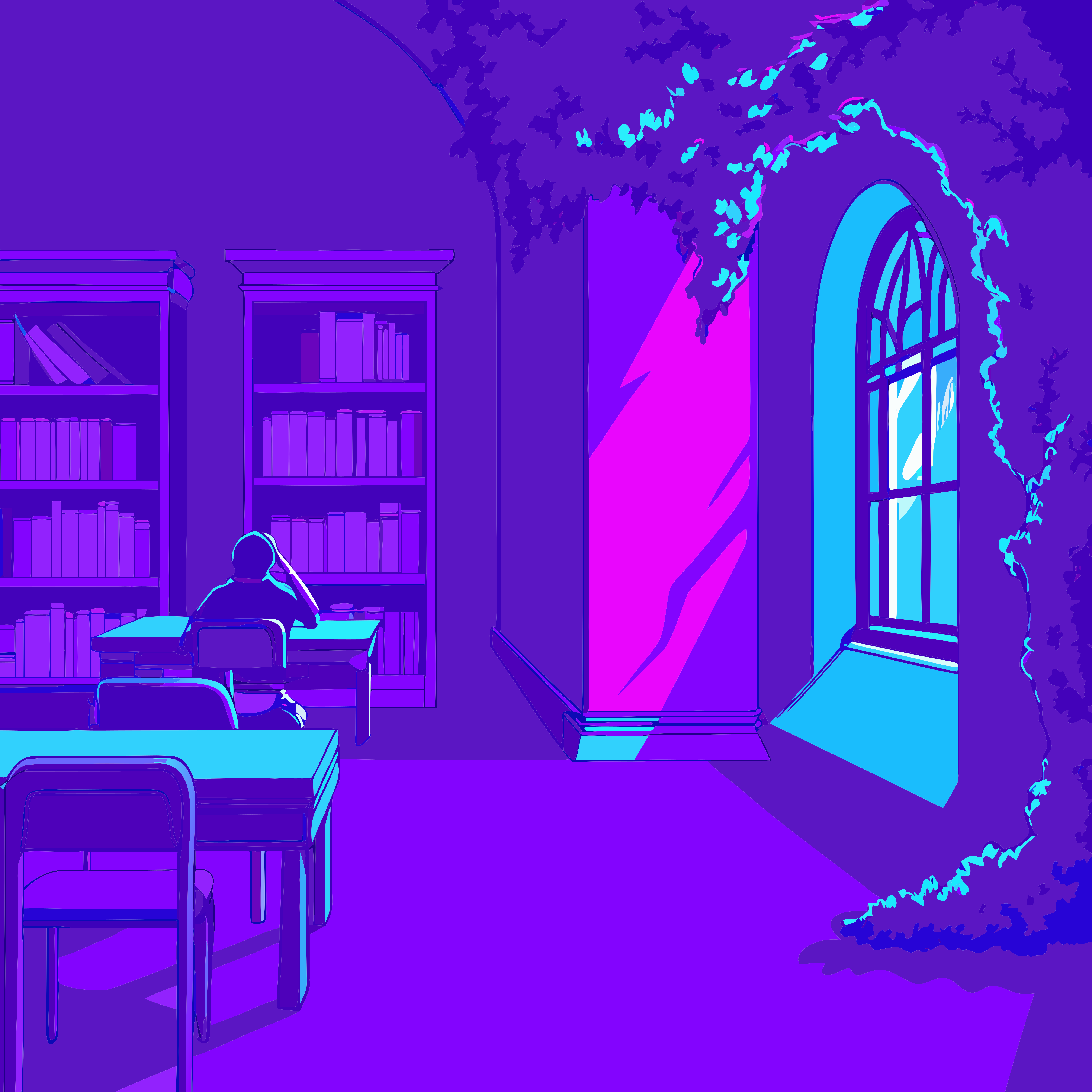 Lila-blaue Bibliothek mit einem Schüler und einem sonnenbeschienenen Fenster.