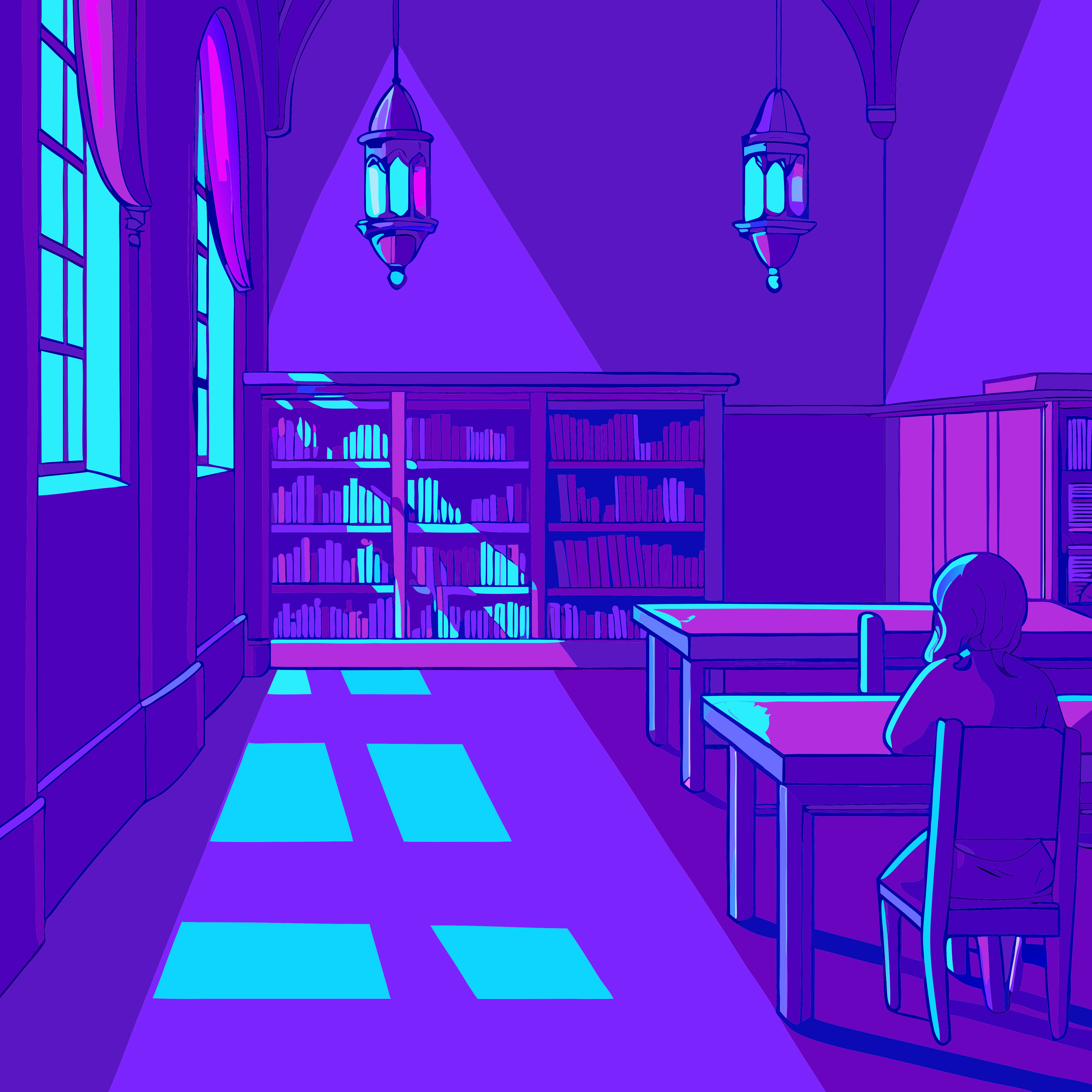 Eine Person lernt in einer lebendigen, neonbeleuchteten Bibliothek mit Bücherregalen.