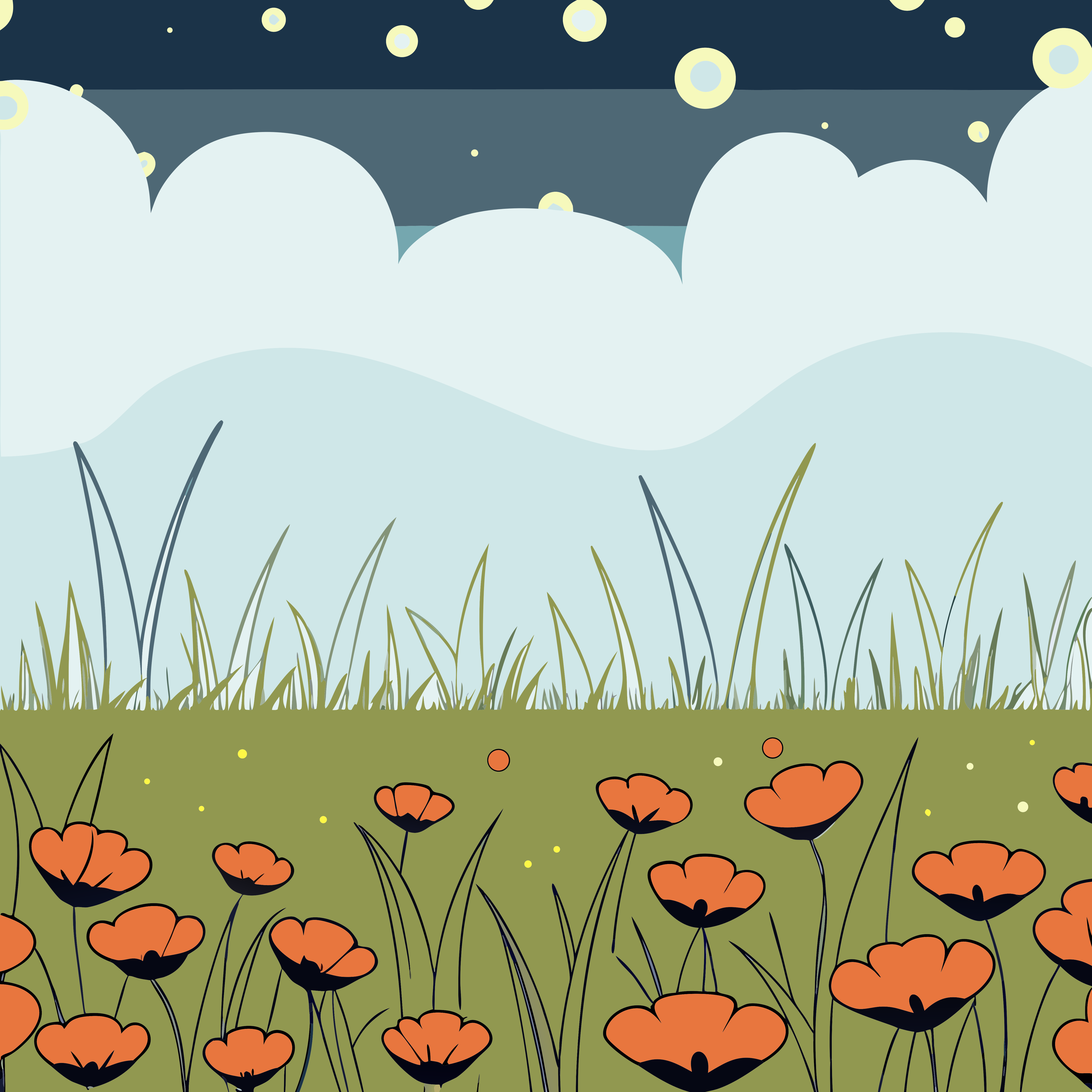 Champ stylisé de coquelicots orange sous un ciel étoilé.