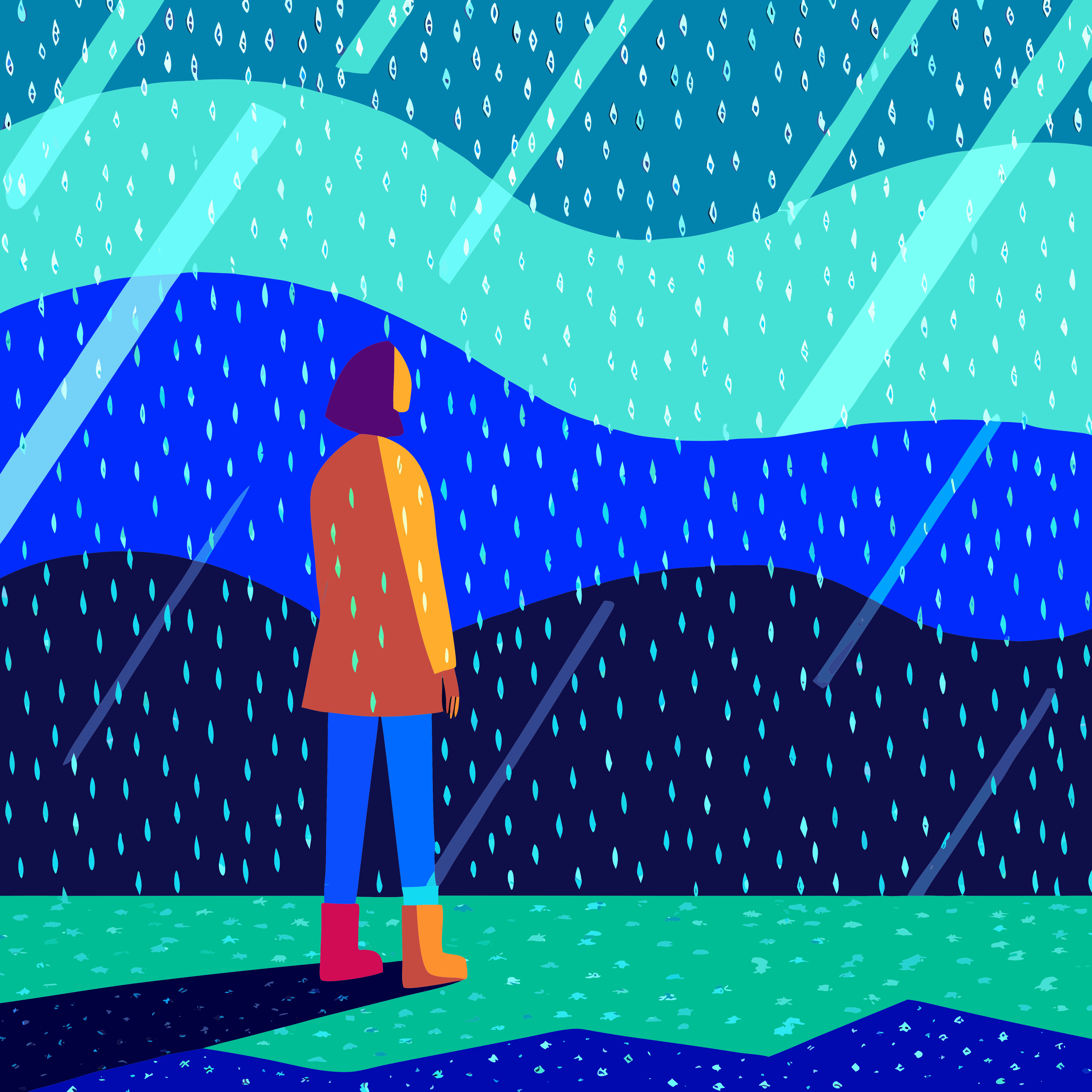 Une personne en imperméable regarde la pluie tomber sur un paysage ondulé