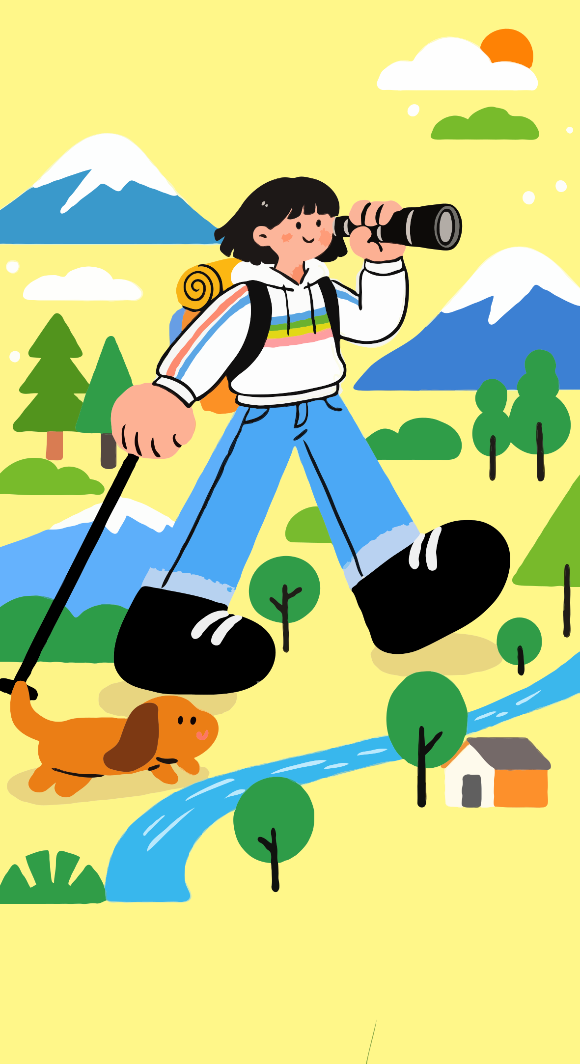 犬を連れて山の風景を探検する漫画のハイカー。