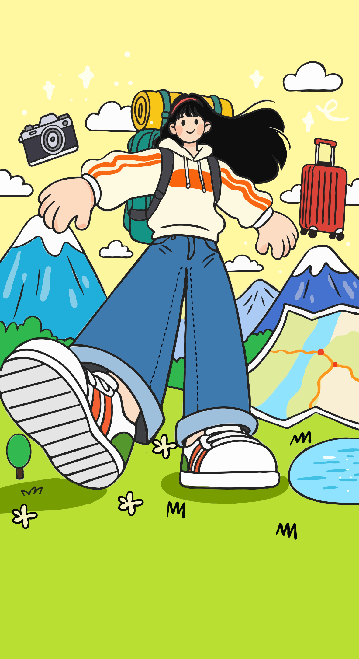 Chica de dibujos animados con mochila caminando por un paisaje montañoso.