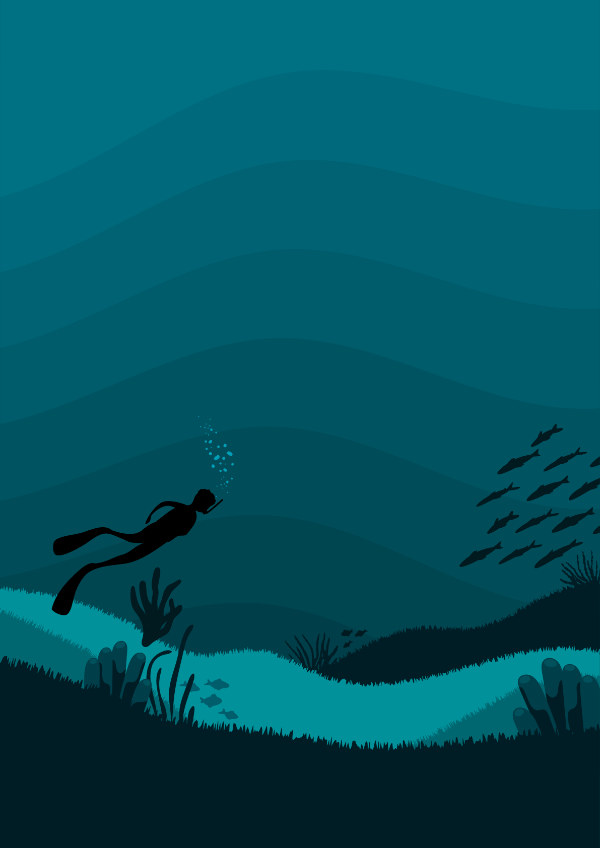 Silueta de un buceador en una escena submarina azul profundo.