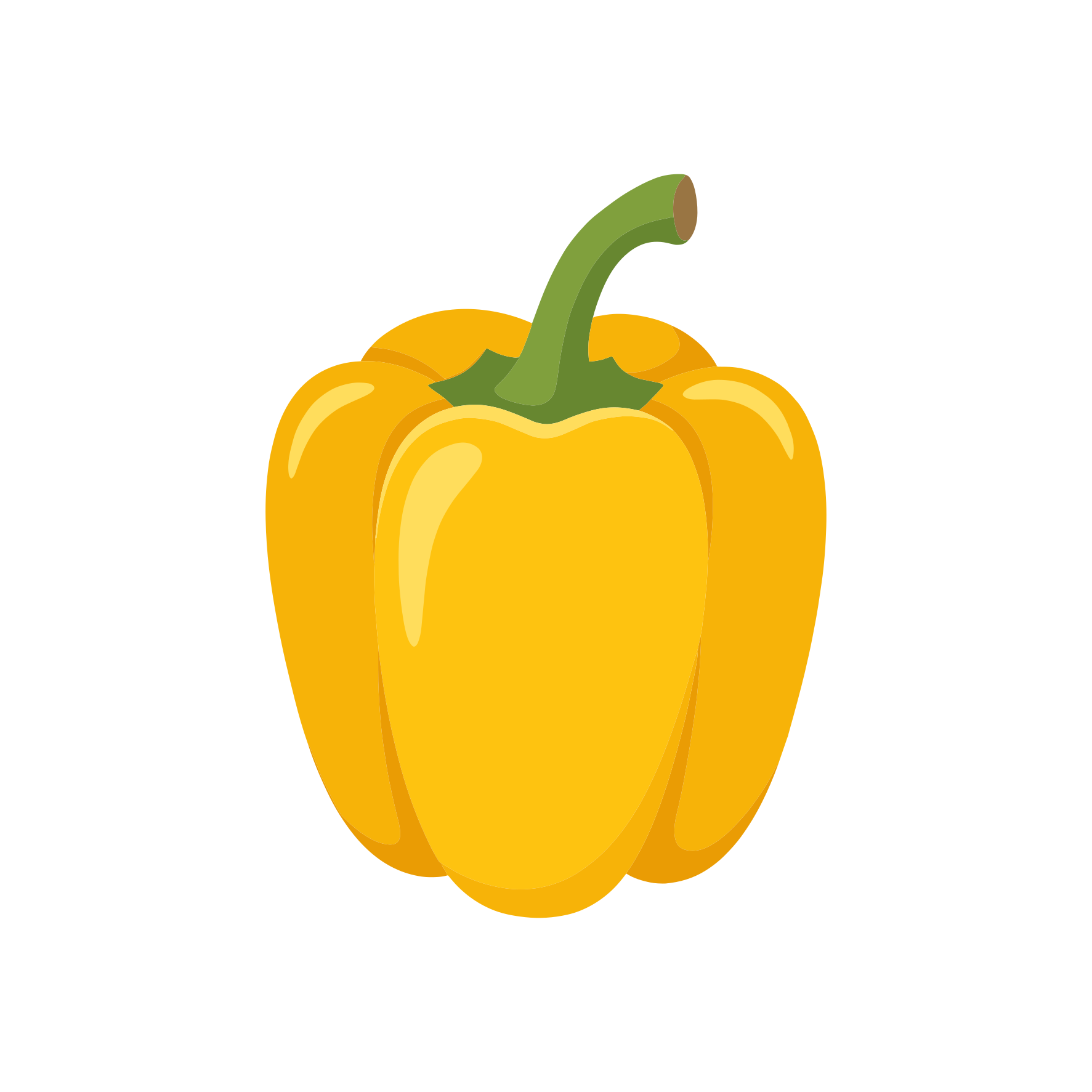 Eine einzelne leuchtend gelbe Paprika mit grünem Stängel.
