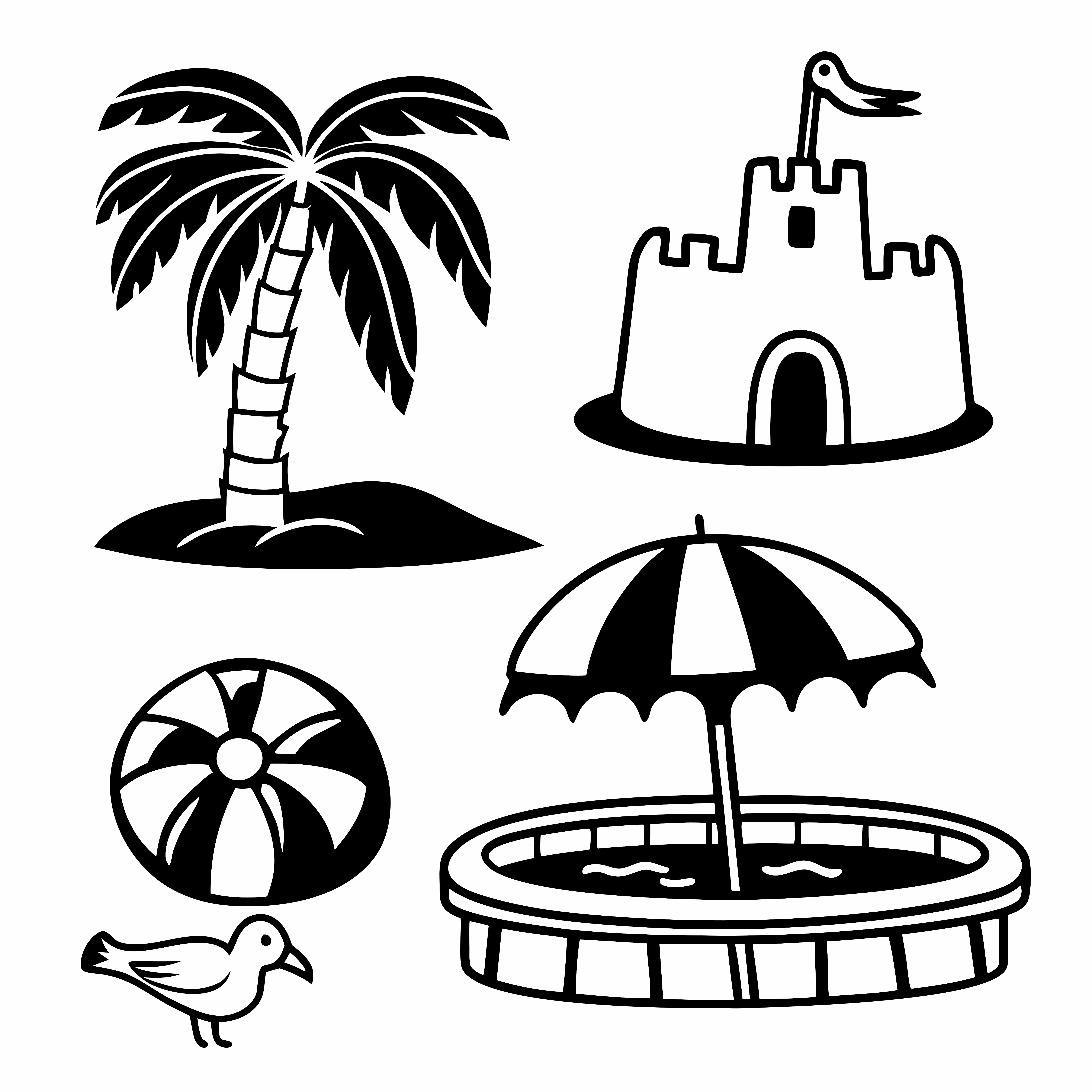 Collezione di illustrazioni a tema spiaggia in bianco e nero