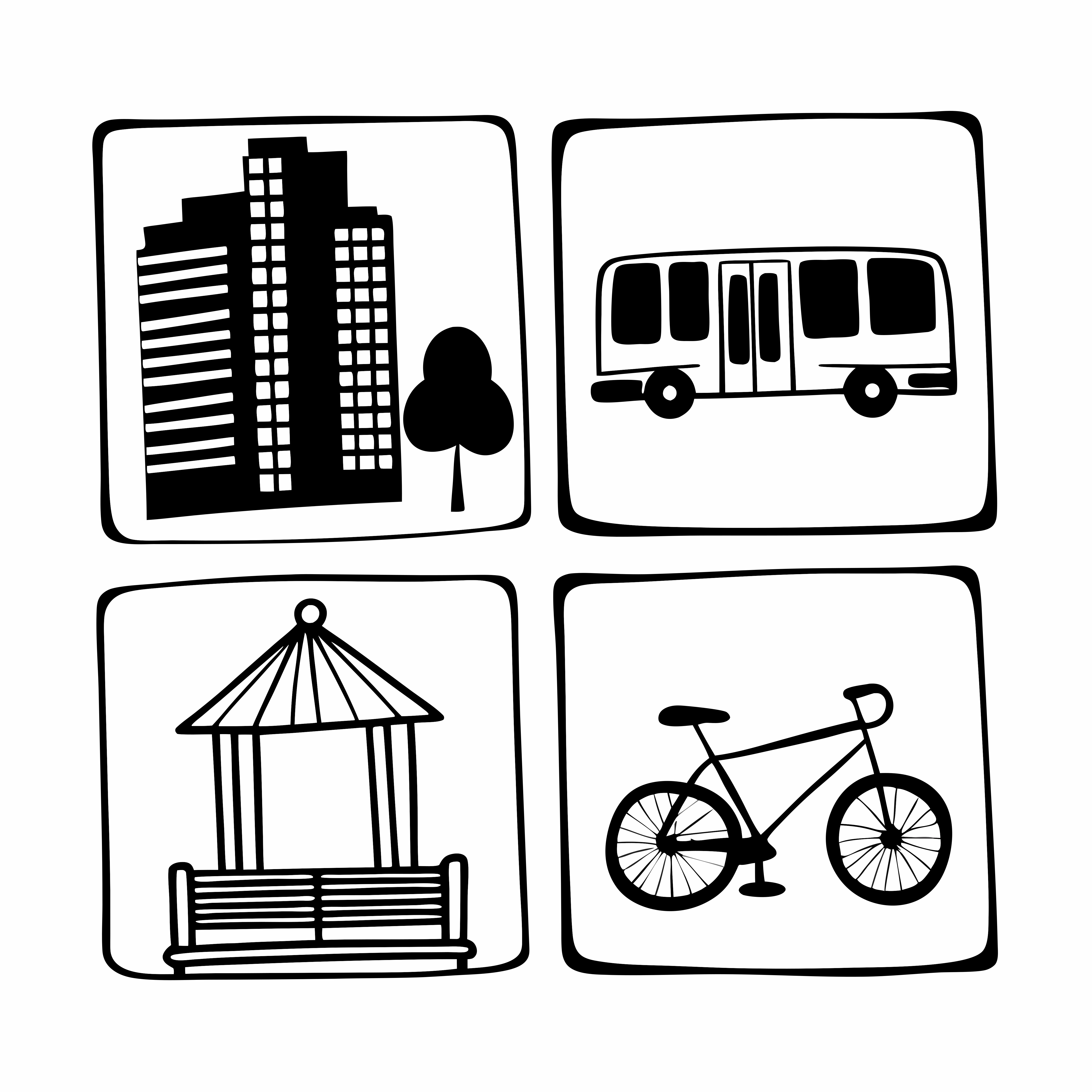 Quatro ícones em preto e branco: prédio, ônibus, gazebo e bicicleta.