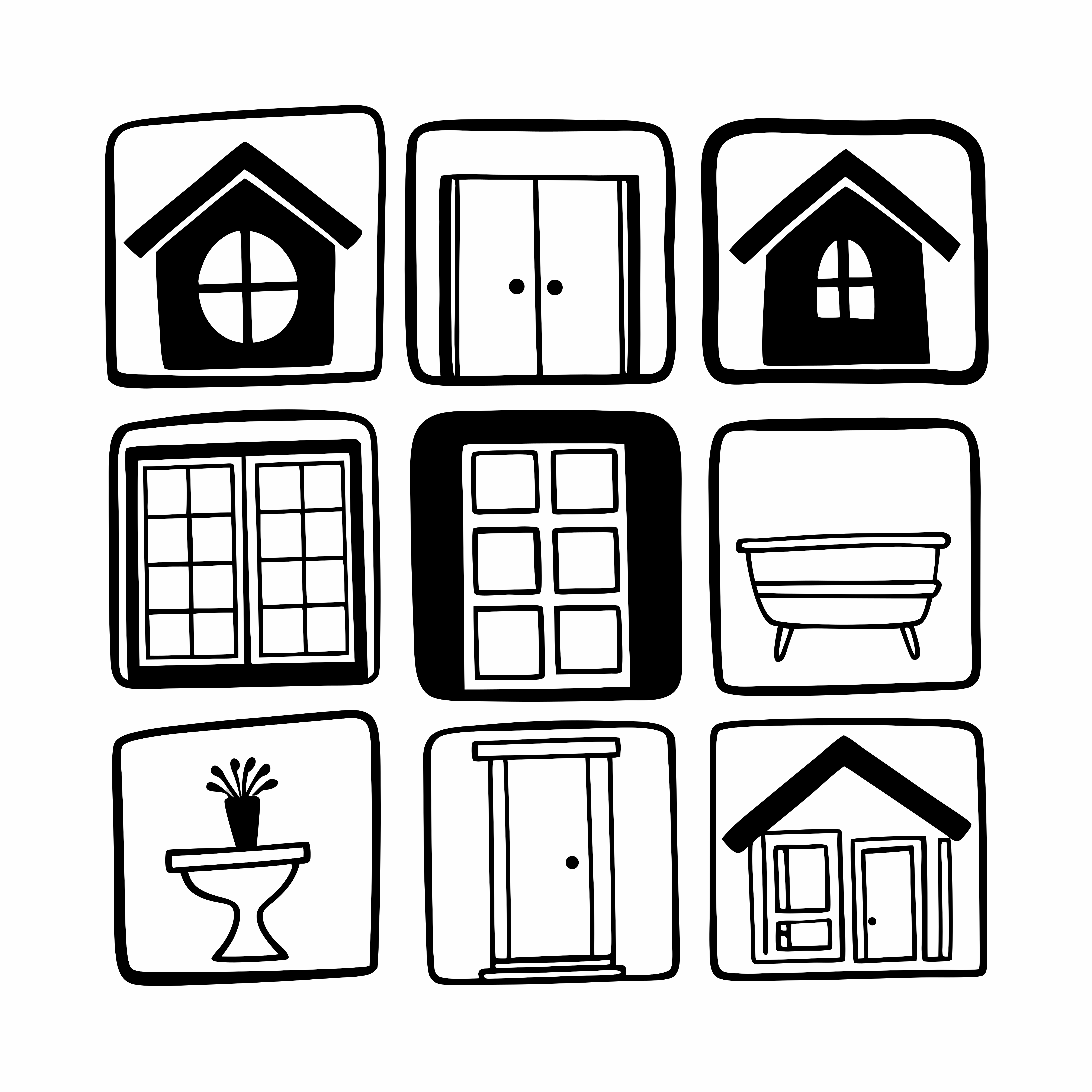 Sembilan ikon hitam putih rumah dan elemen rumah.