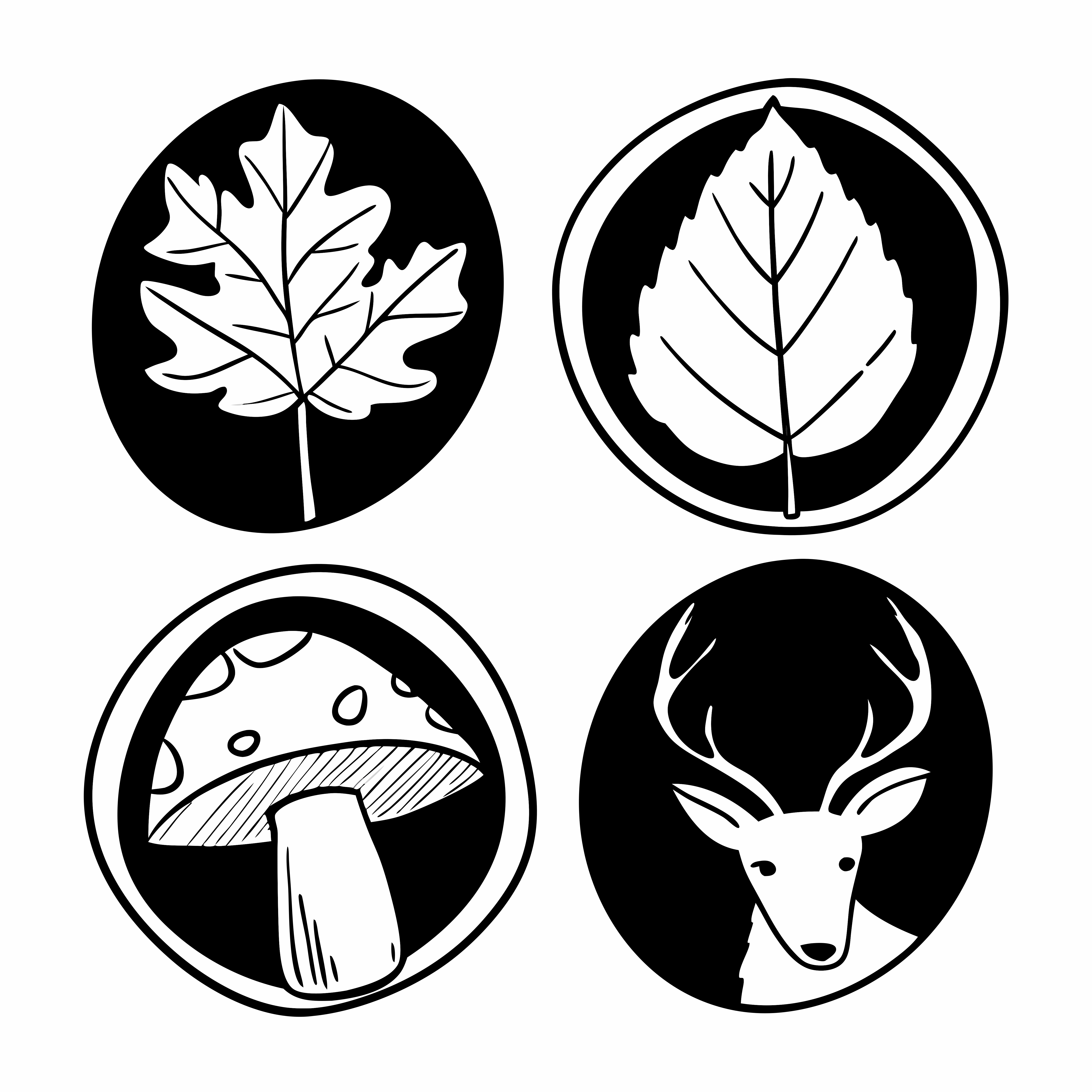 Quatro ícones da natureza em preto e branco: folhas, cogumelos e cervos.