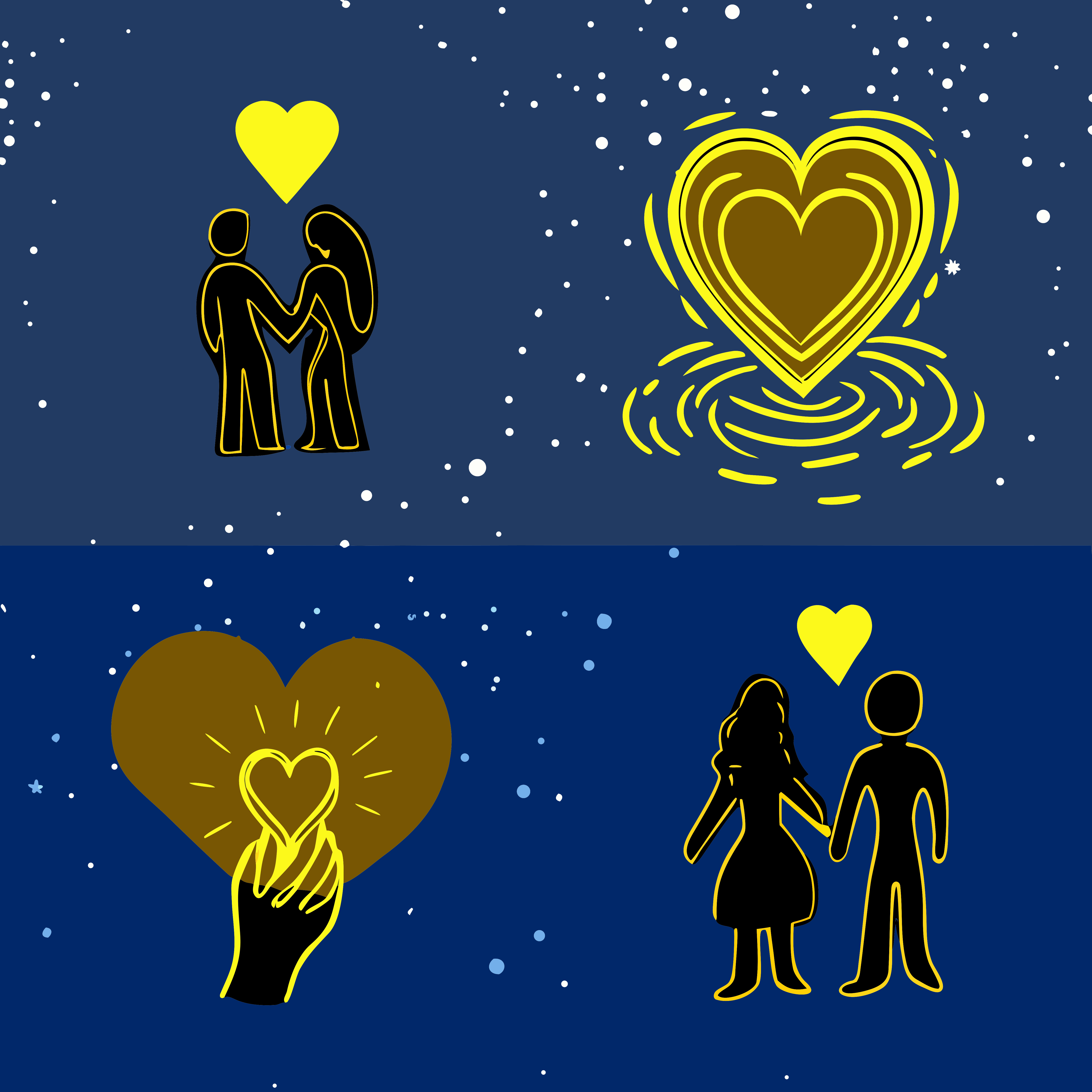 Corazones dorados estilizados y parejas contra una noche azul estrellada.