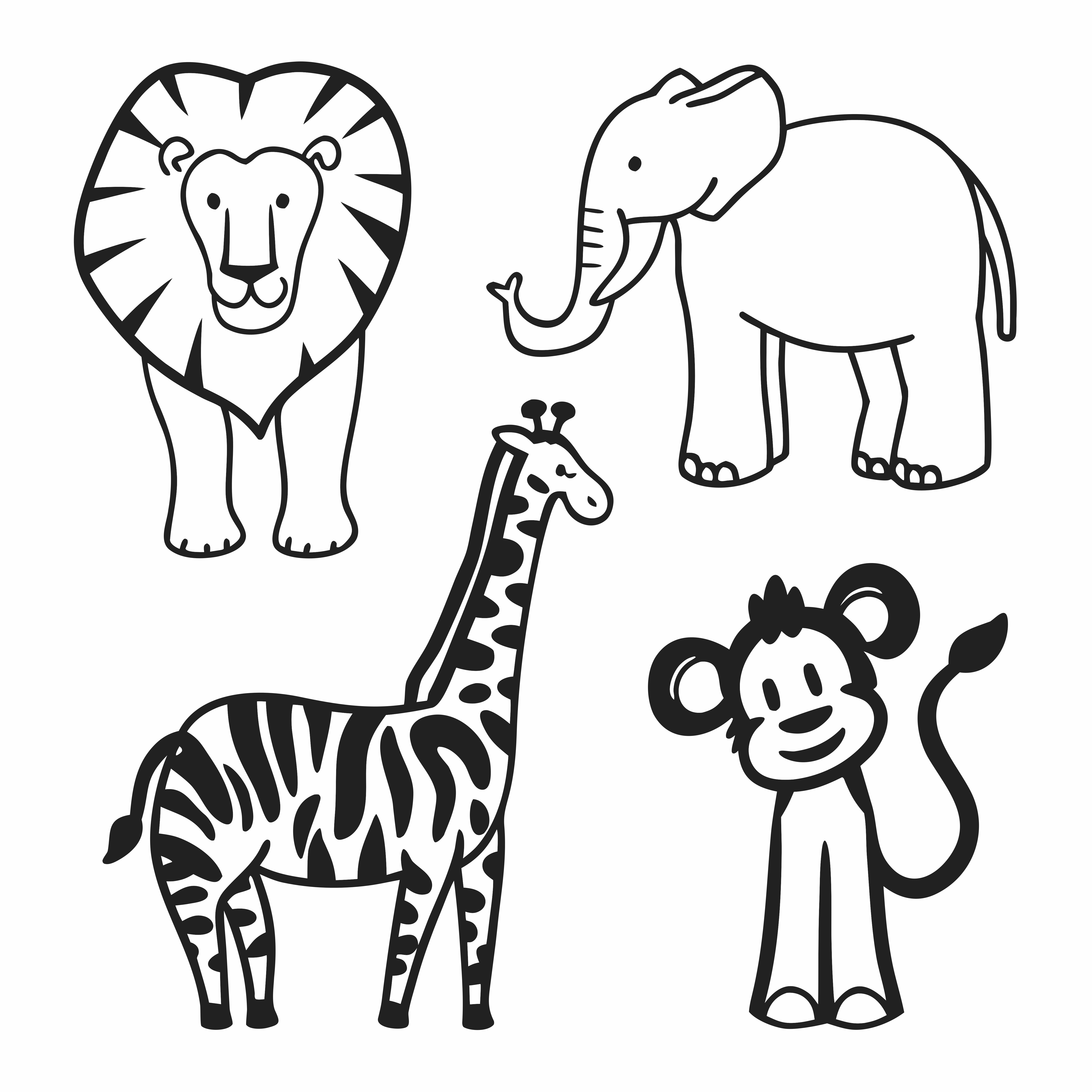Gambar garis besar hewan safari: singa, gajah, jerapah, dan monyet
