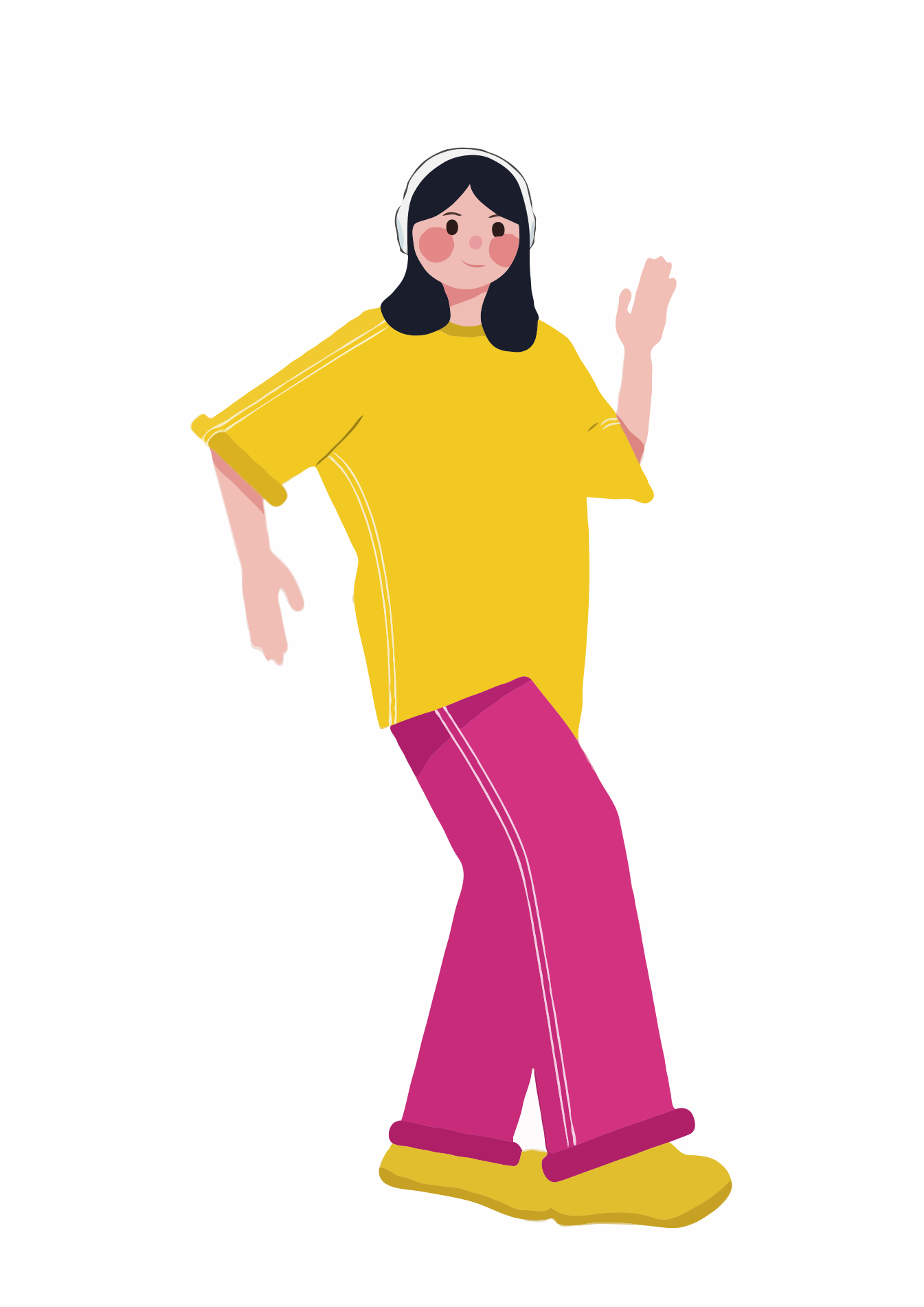 A stylized person in yellow and pink dancing with headphones.
