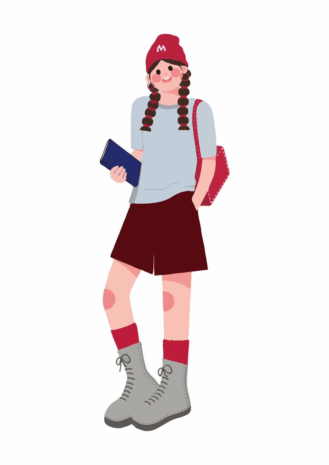 A young woman with braided hair, beanie, backpack, and book.