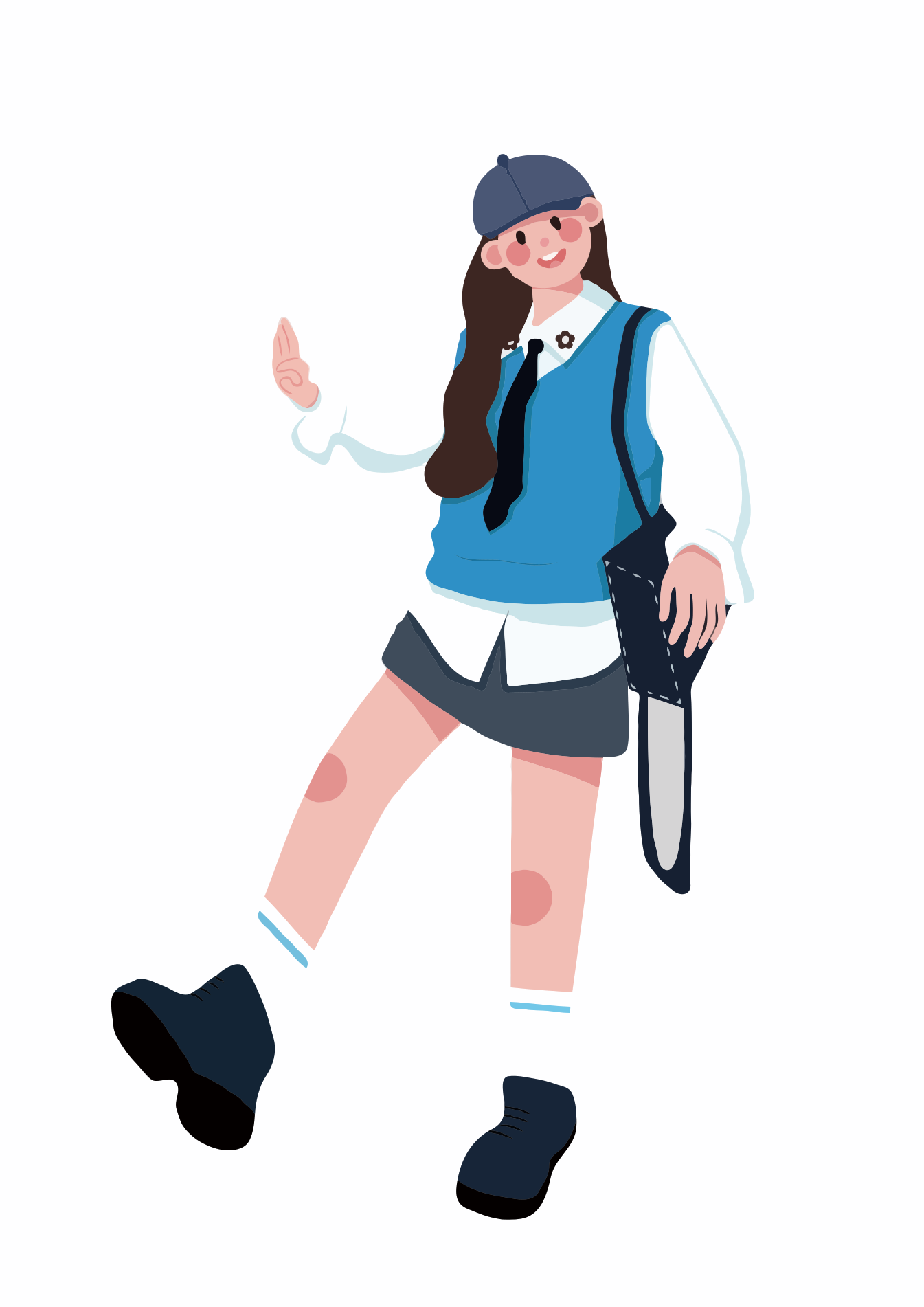 制服を着た漫画の女の子が笑顔で手を振っている