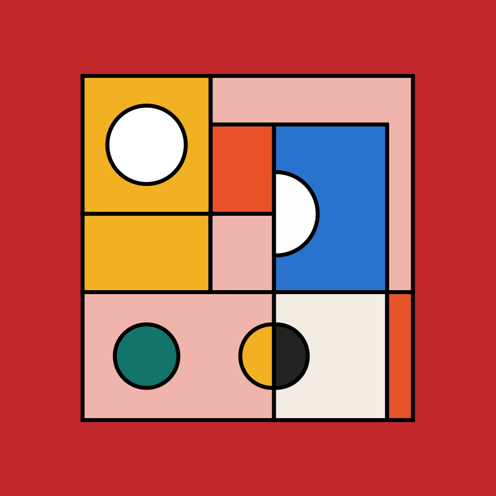 Composition géométrique abstraite avec des formes colorées sur un fond rouge.