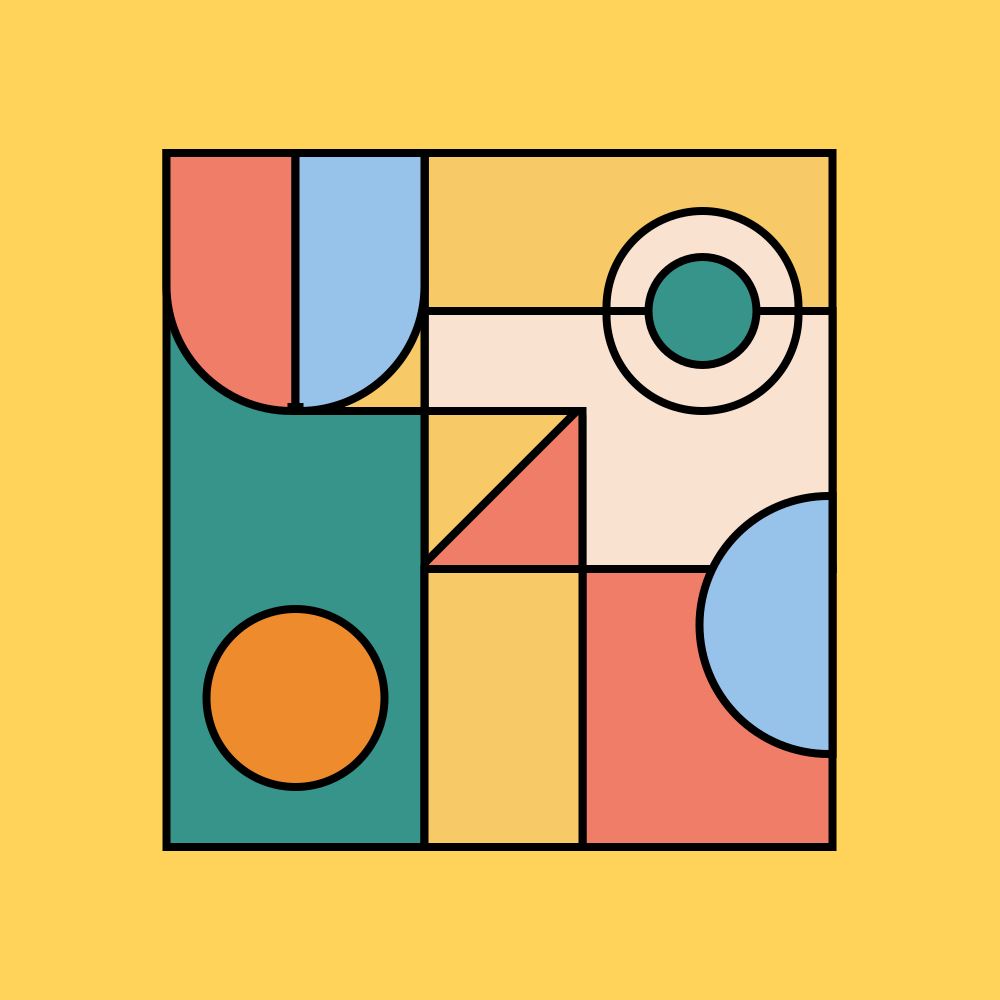 Des formes geométriques abstraites colorées sur un fond jaune vif.