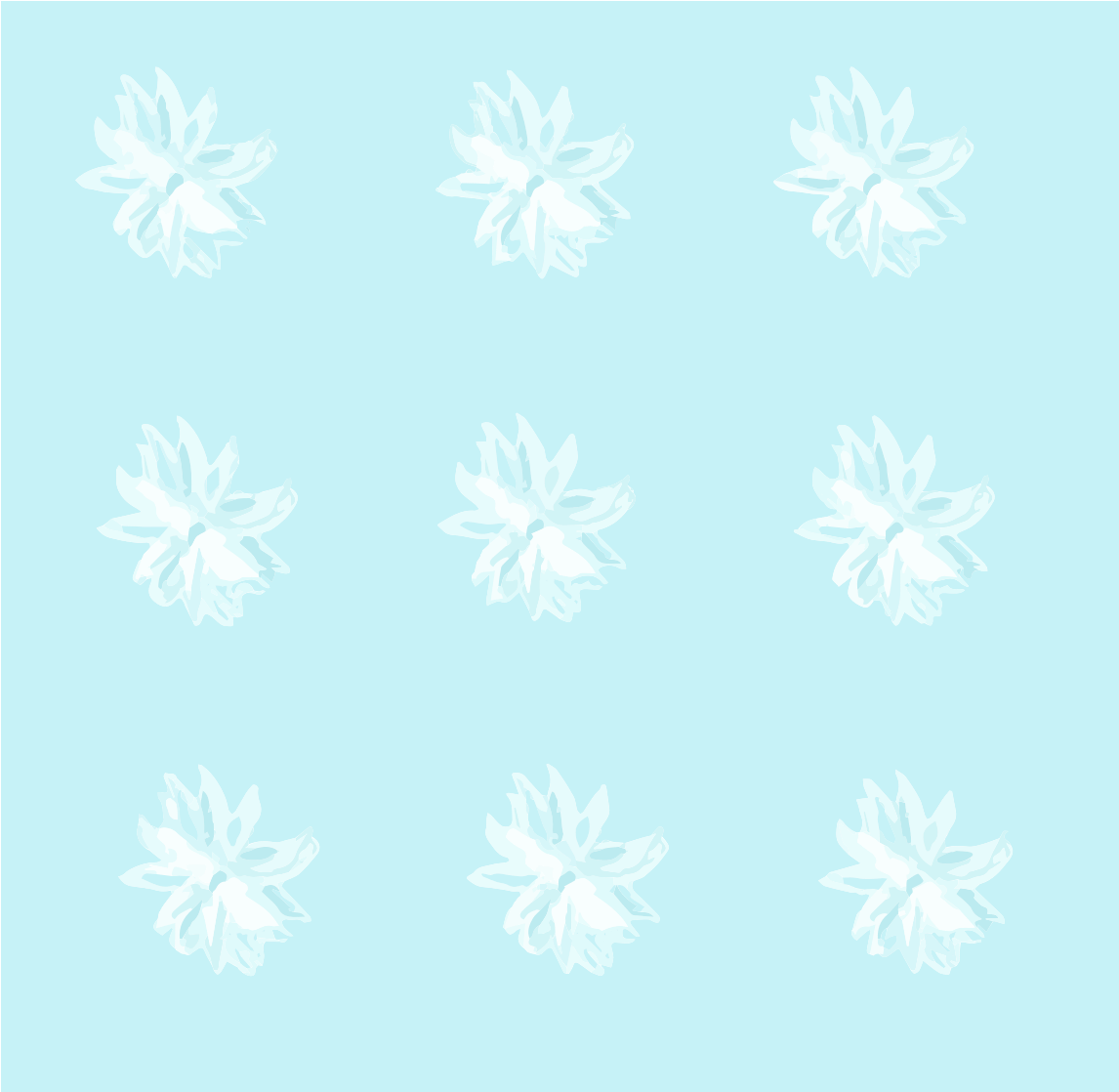 Neuf fleurs blanches stylisées sur fond bleu clair.