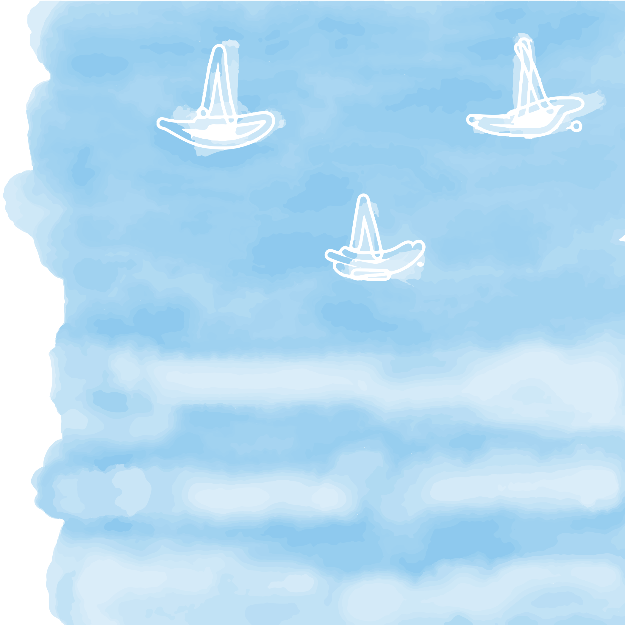 Three simple white boats on a light blue watercolor background.