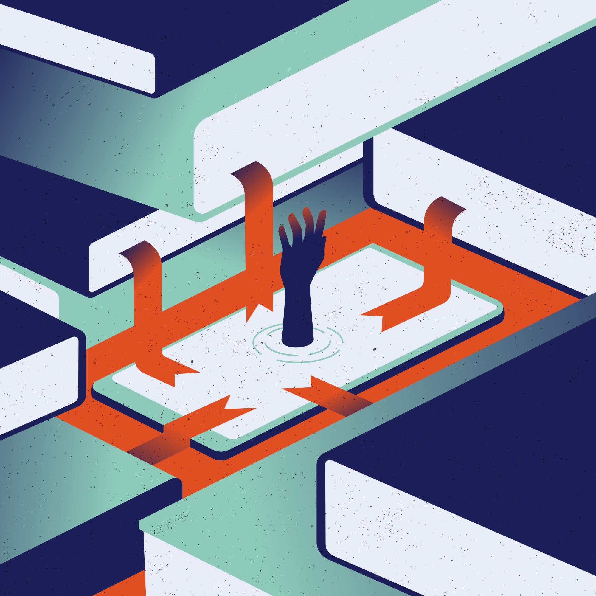 Hand reaching from phone screen in a maze of information.