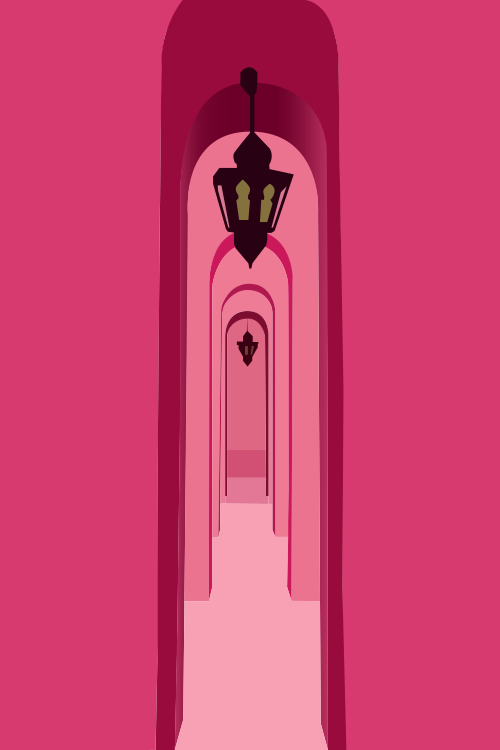 Un lungo corridoio rosa con molteplici archi e lanterne appese.