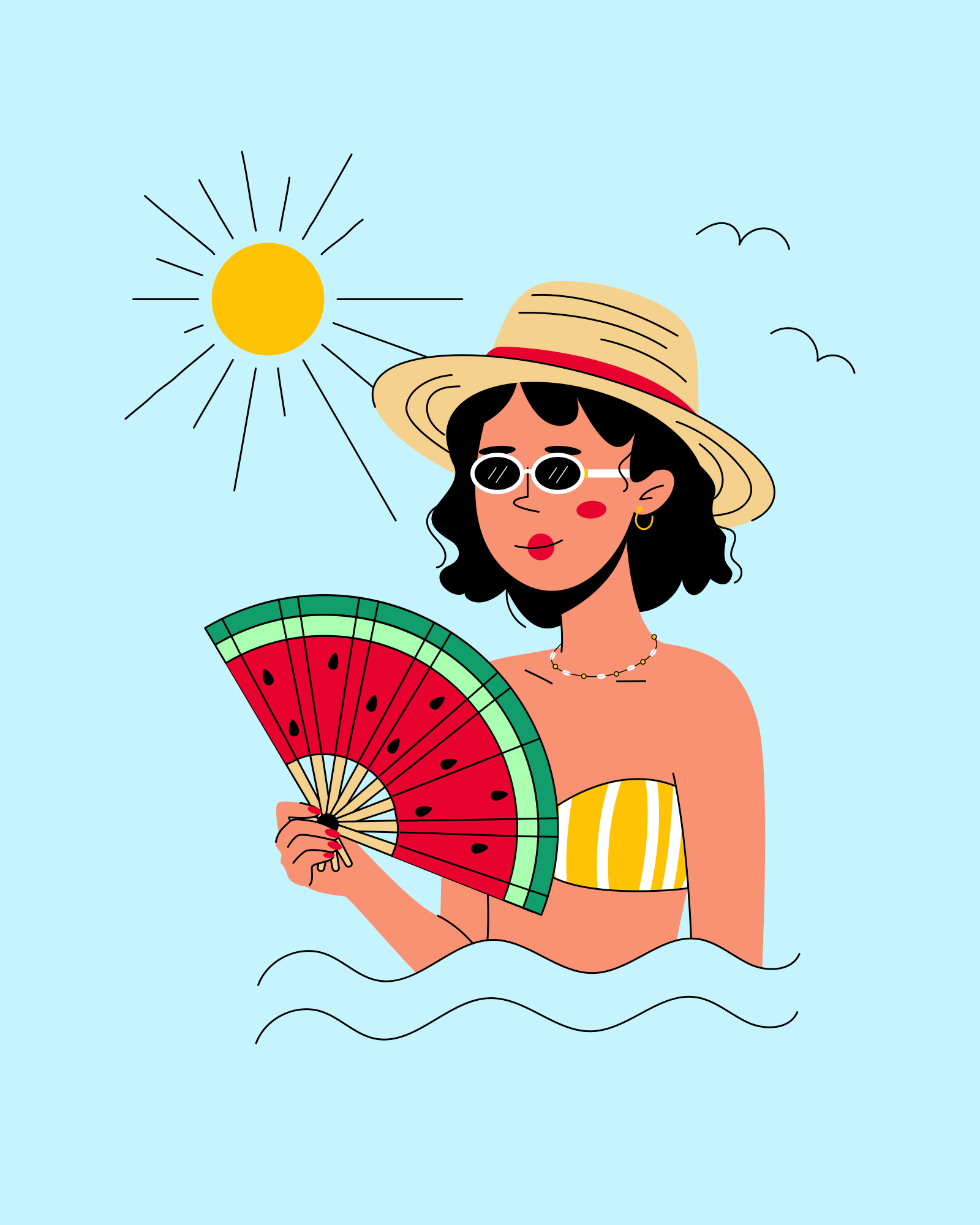 Donna con cappello e occhiali da sole che tiene un ventaglio di anguria