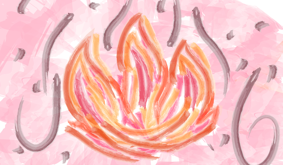 ピンクの背景に煙を描いた抽象的な水彩画の火。