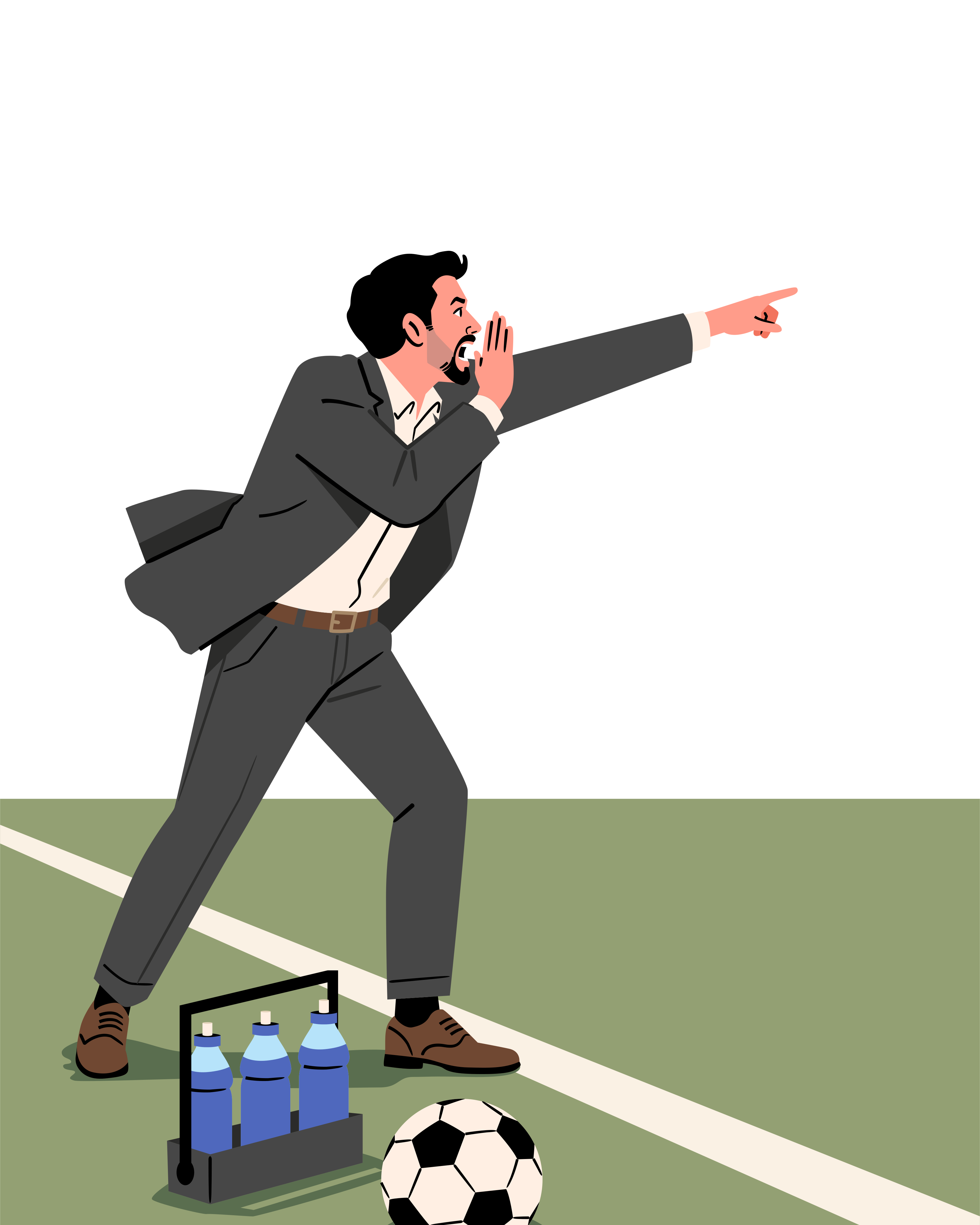A soccer coach shouts and points on a green field.