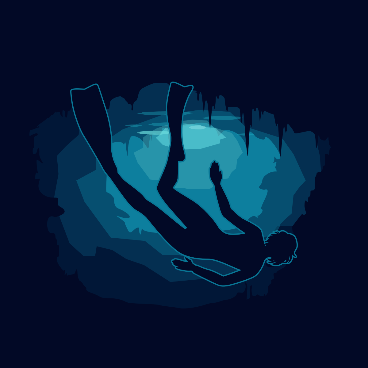 Una persona che fa apnea in una grotta sottomarina blu scuro.
