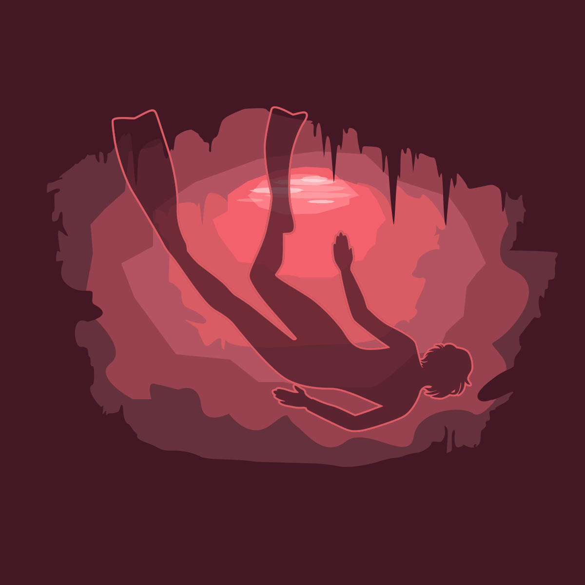 Silhouette di un subacqueo che cade in una grotta rossa luminosa.